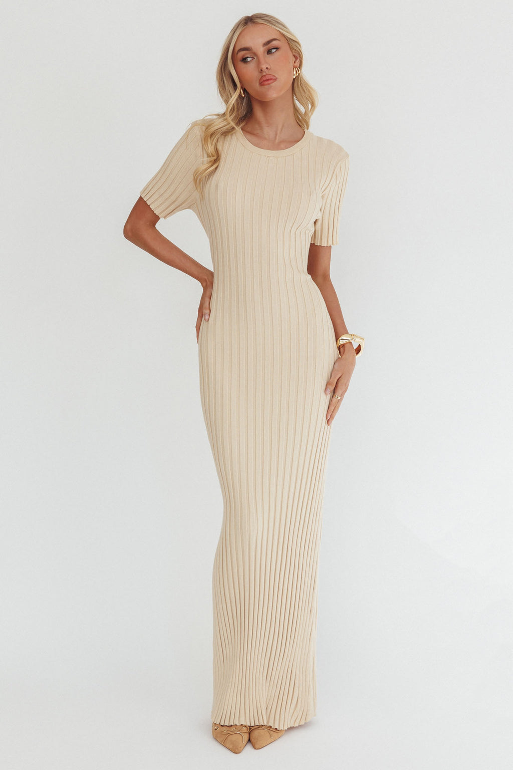 Faylen Waist Tie Ribbed Knit Maxi Dress Cream by Selfie Leslie Australia