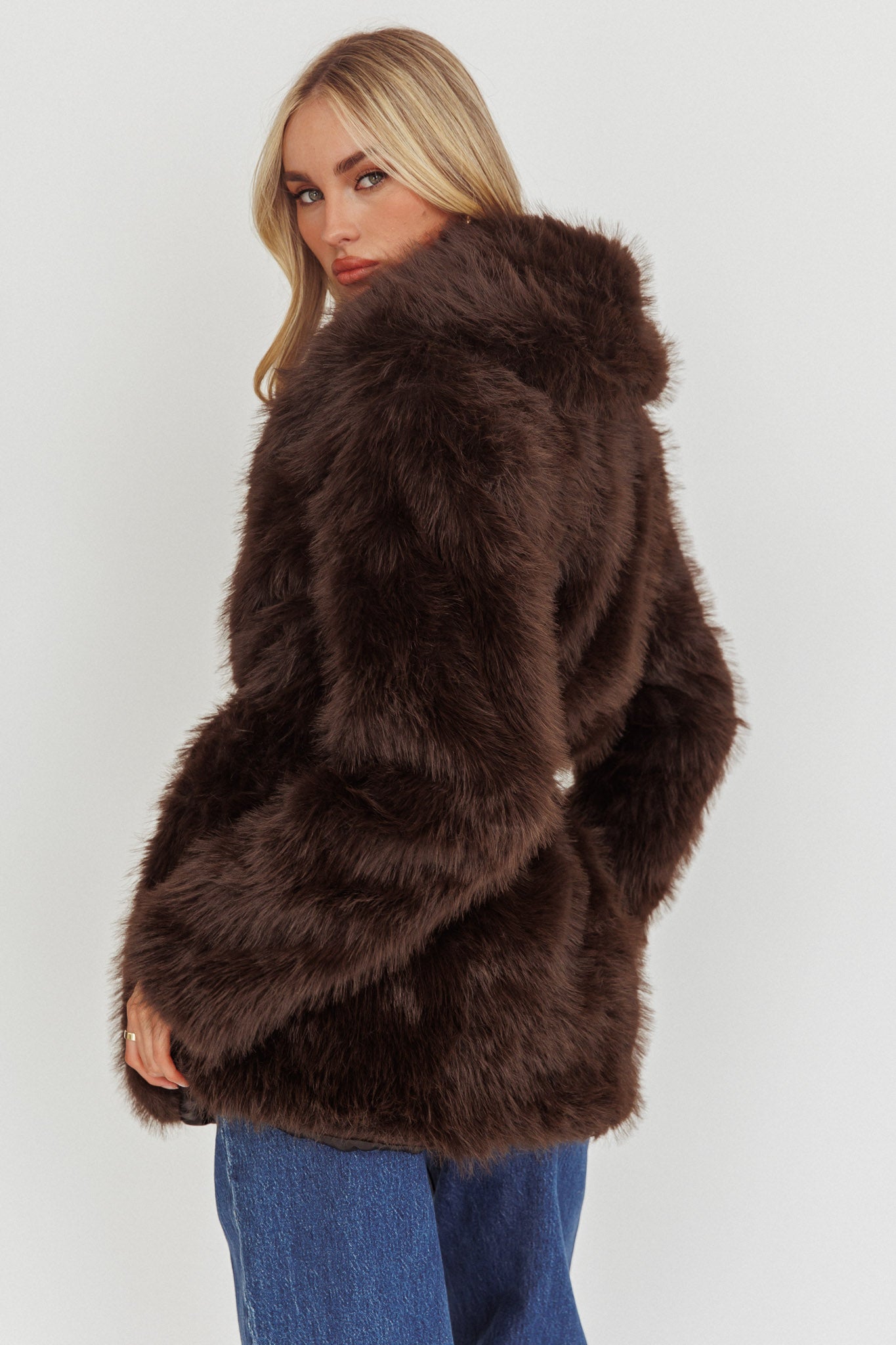 Brisa Belted Lapel Coat Faux Fur Brown by Selfie Leslie Australia