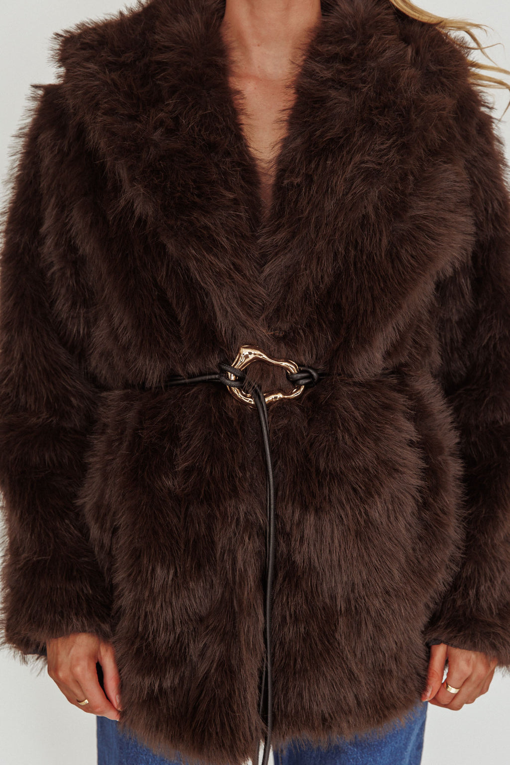 Brisa Belted Lapel Coat Faux Fur Brown by Selfie Leslie Australia