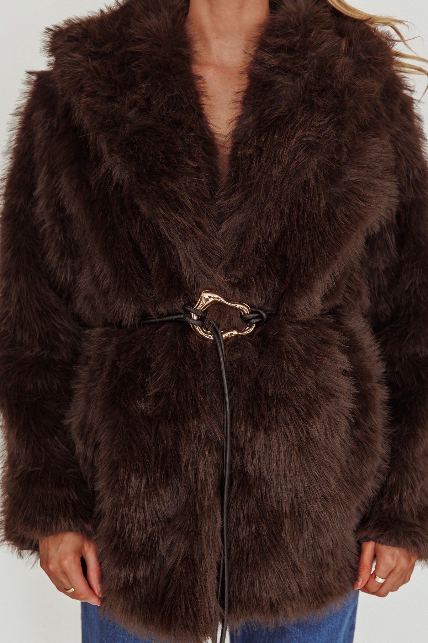 Brisa Belted Lapel Coat Faux Fur Brown by Selfie Leslie Australia