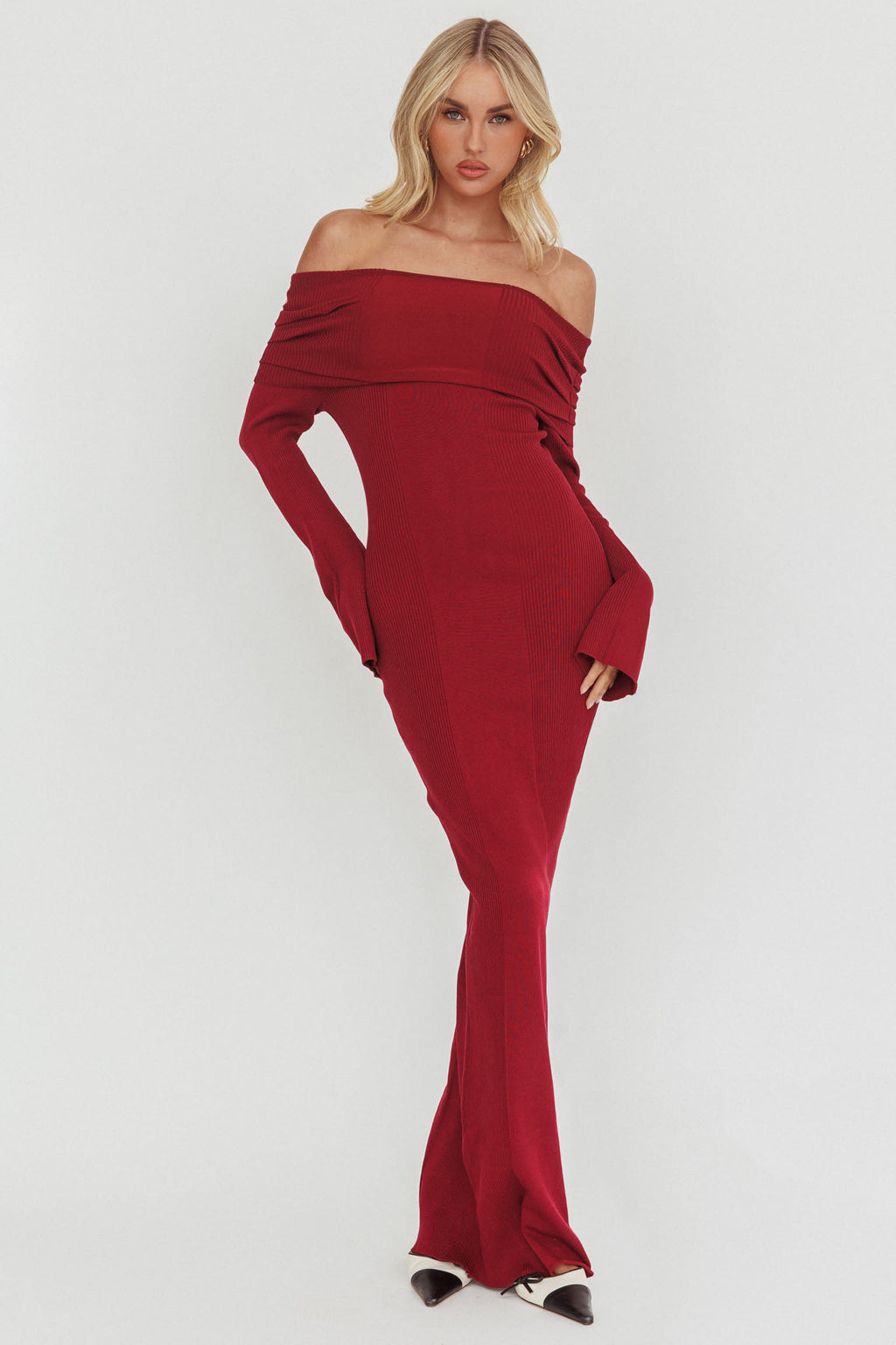 Aloura Off-Shoulder Ribbed Knit Maxi Dress Wine by Selfie Leslie Australia