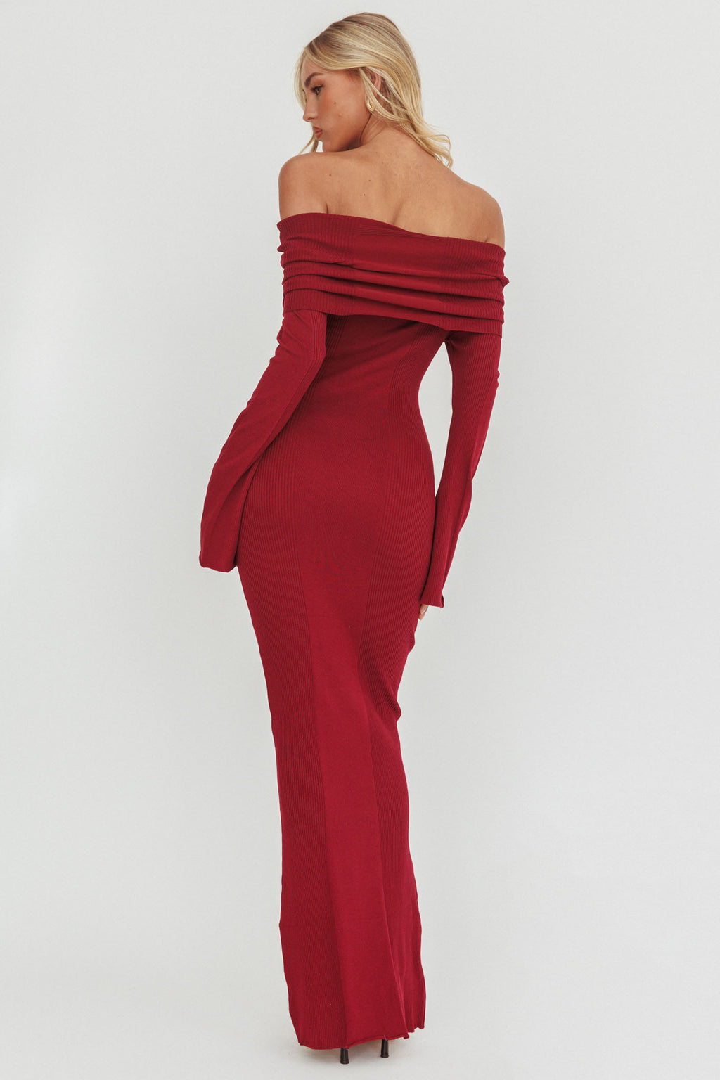 Aloura Off-Shoulder Ribbed Knit Maxi Dress Wine by Selfie Leslie Australia