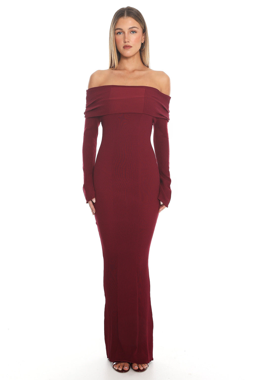 Aloura Off-Shoulder Ribbed Knit Maxi Dress Wine by Selfie Leslie Australia