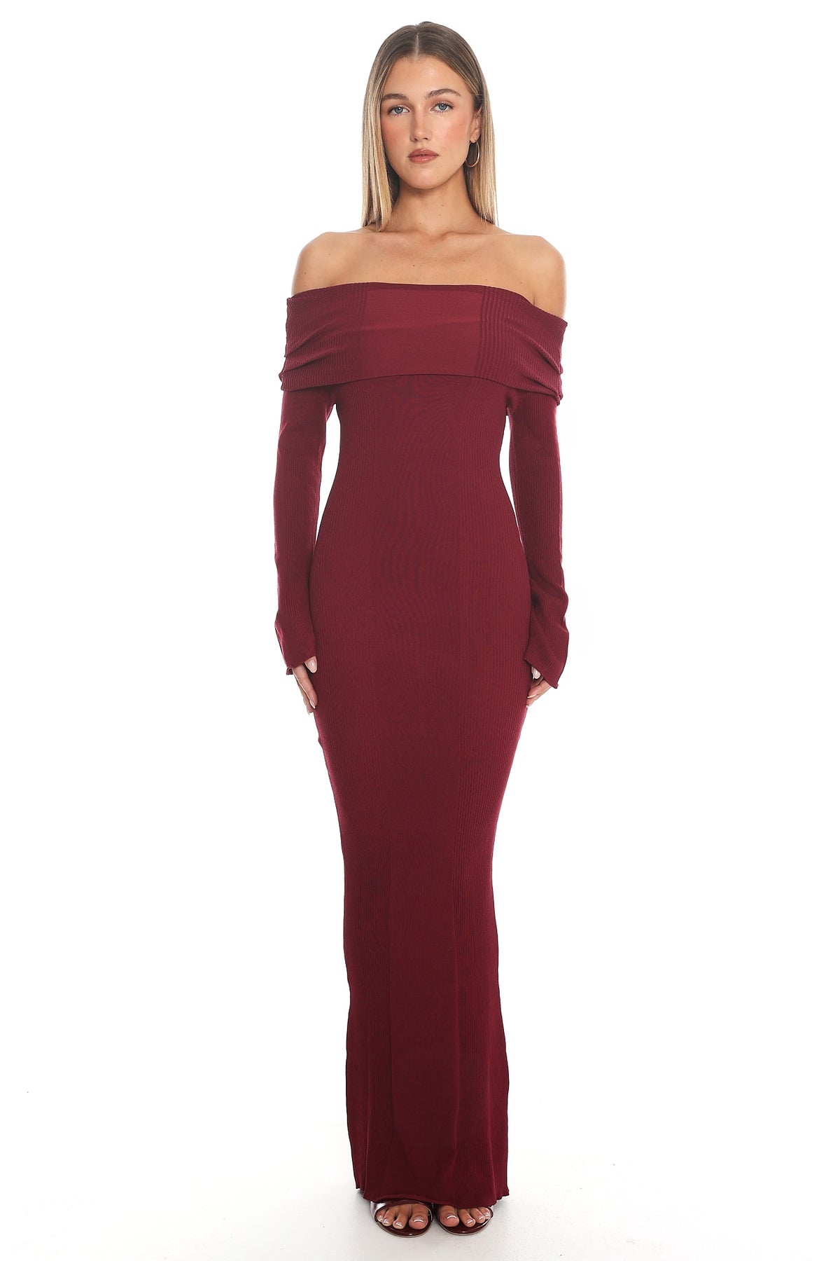 Aloura Off-Shoulder Ribbed Knit Maxi Dress Wine by Selfie Leslie Australia