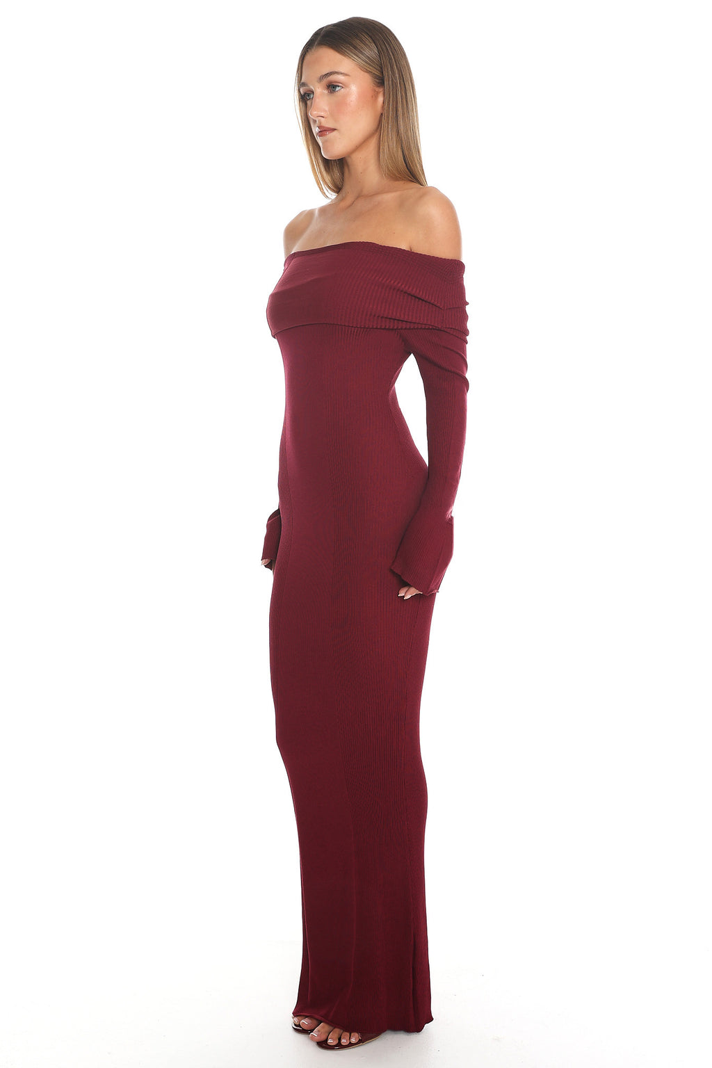 Aloura Off-Shoulder Ribbed Knit Maxi Dress Wine by Selfie Leslie Australia