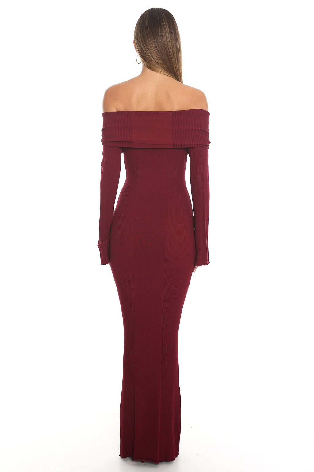 Aloura Off-Shoulder Ribbed Knit Maxi Dress Wine by Selfie Leslie Australia