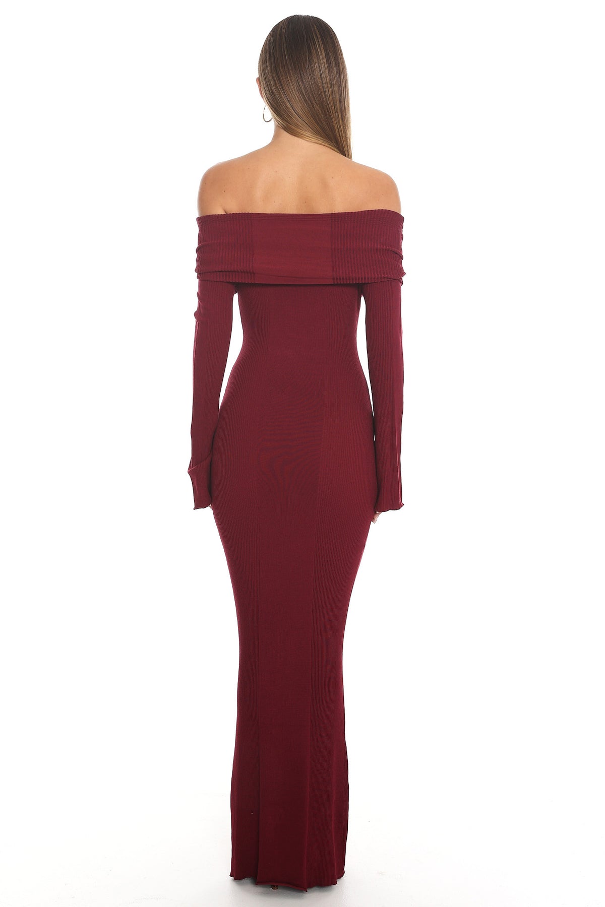 Aloura Off-Shoulder Ribbed Knit Maxi Dress Wine by Selfie Leslie Australia