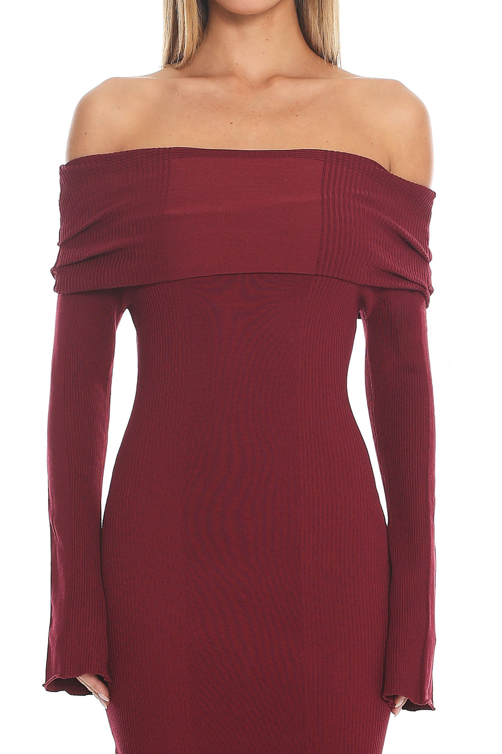 Aloura Off-Shoulder Ribbed Knit Maxi Dress Wine by Selfie Leslie Australia