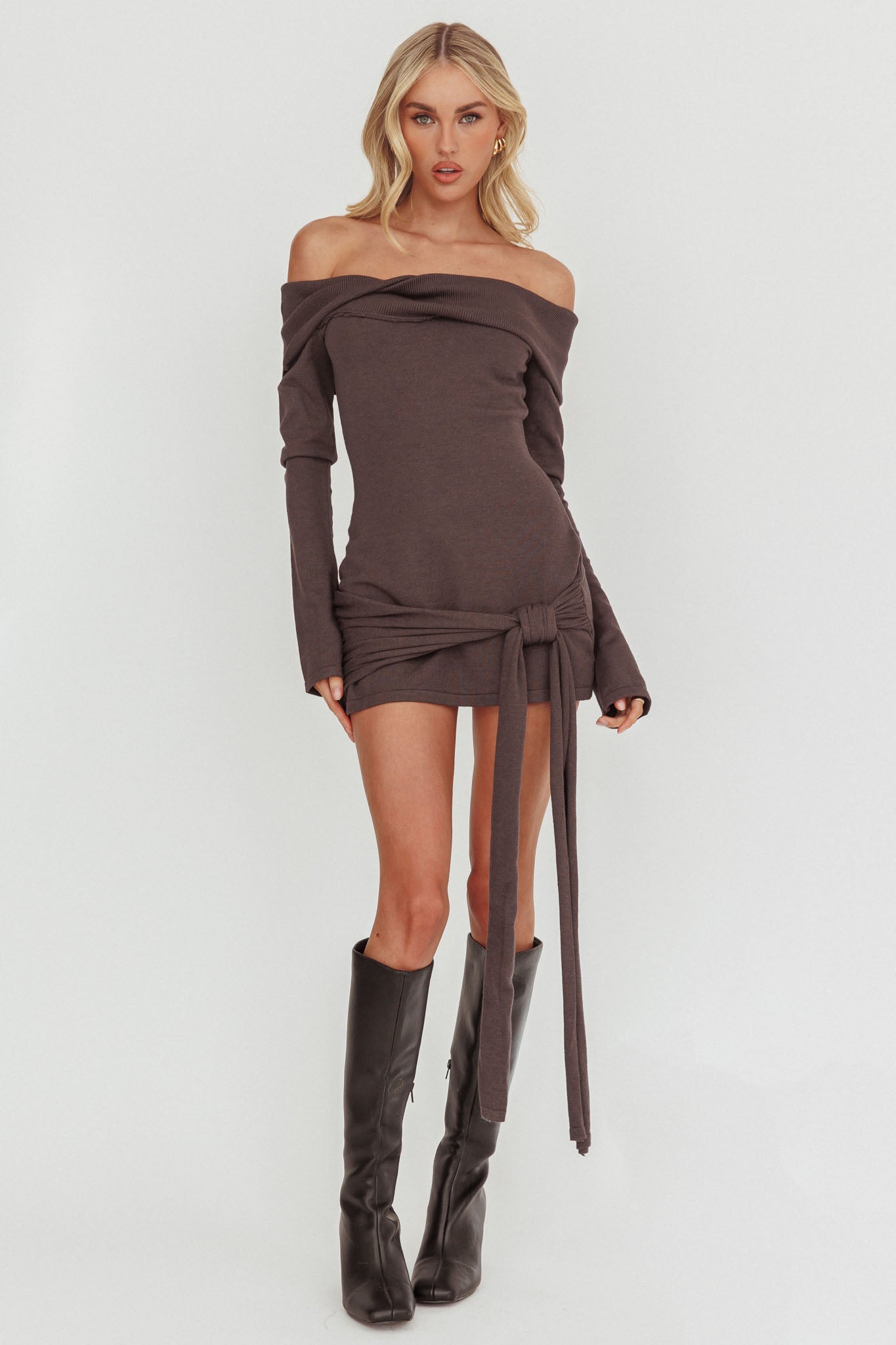 Sofina Off-Shoulder Hip Tie Mini Dress Grey by Selfie Leslie Australia