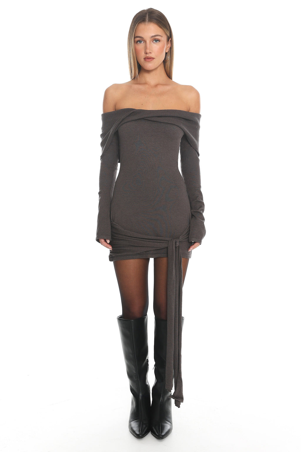 Sofina Off-Shoulder Hip Tie Mini Dress Grey