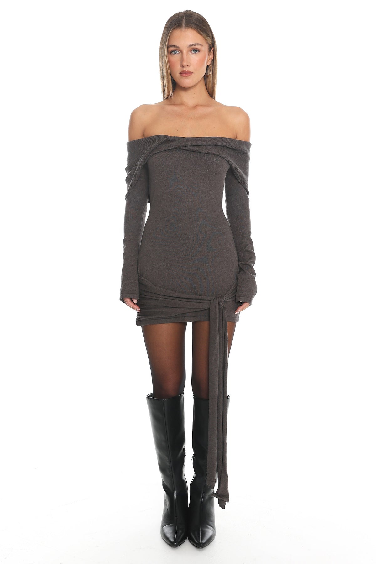 Sofina Off-Shoulder Hip Tie Mini Dress Grey