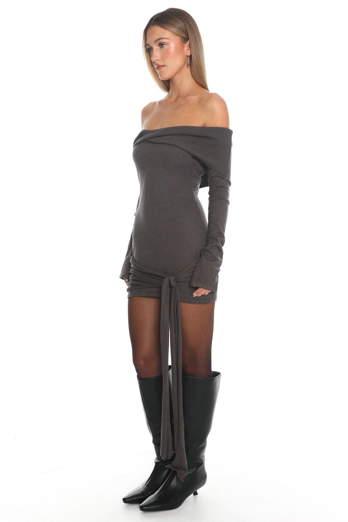 Sofina Off-Shoulder Hip Tie Mini Dress Grey