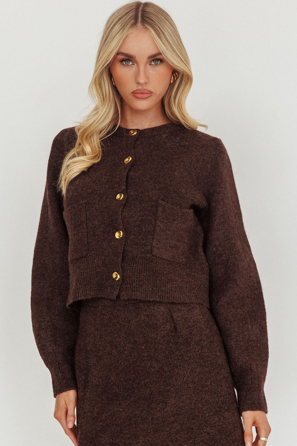 Daelyn Gold Button Pocket Cardigan Coffee by Selfie Leslie Australia