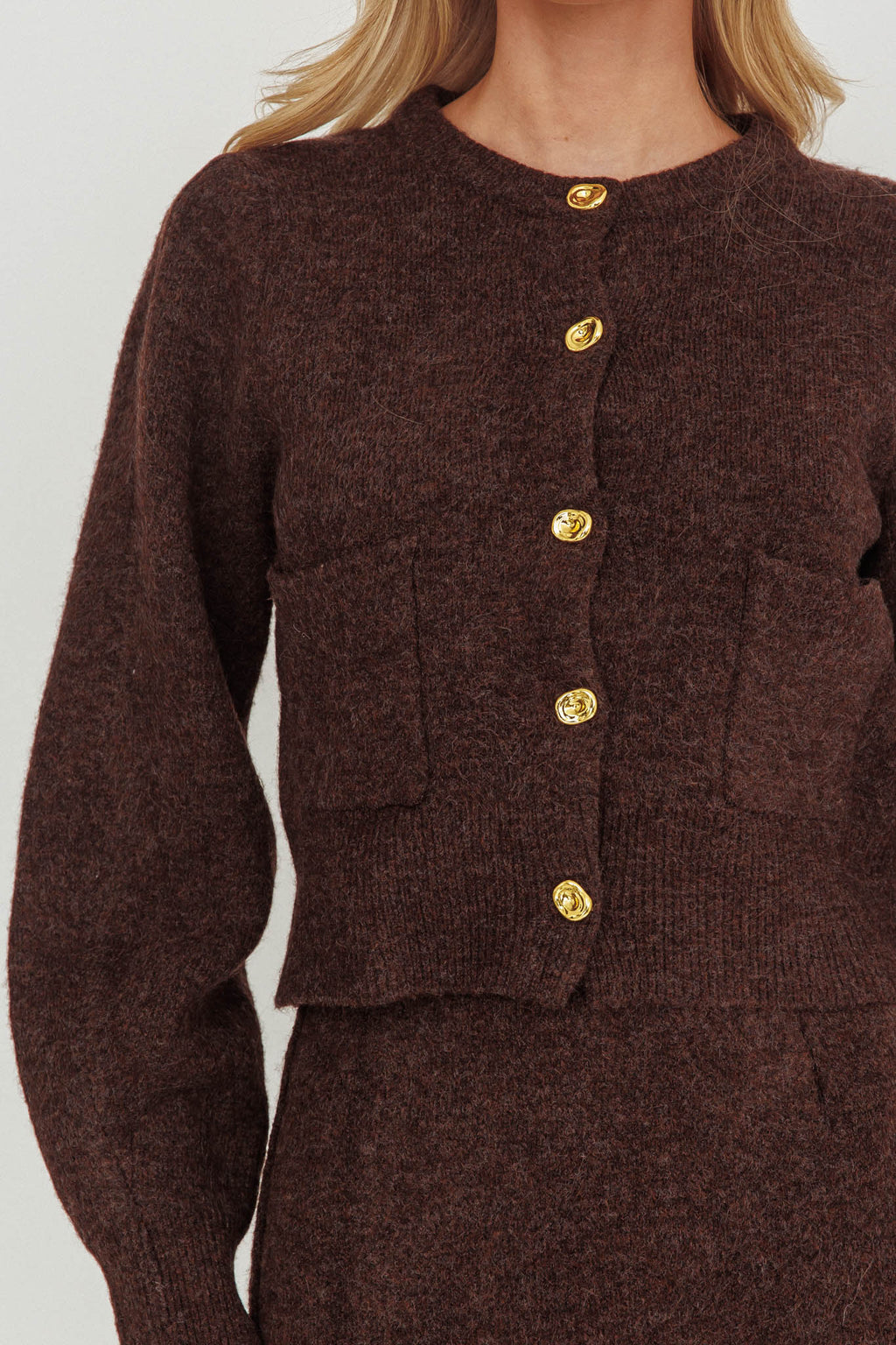 Daelyn Gold Button Pocket Cardigan Coffee by Selfie Leslie Australia