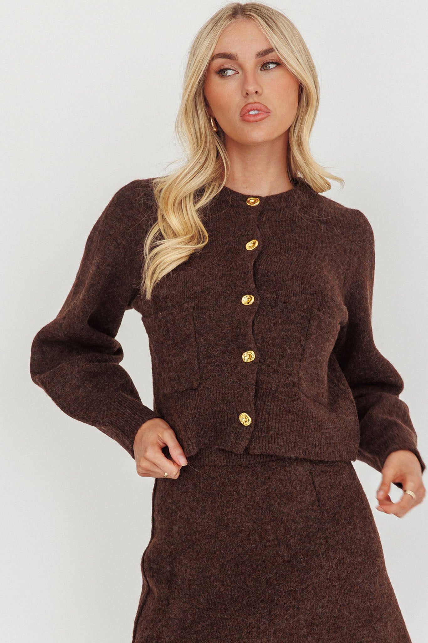 Daelyn Gold Button Pocket Cardigan Coffee by Selfie Leslie Australia