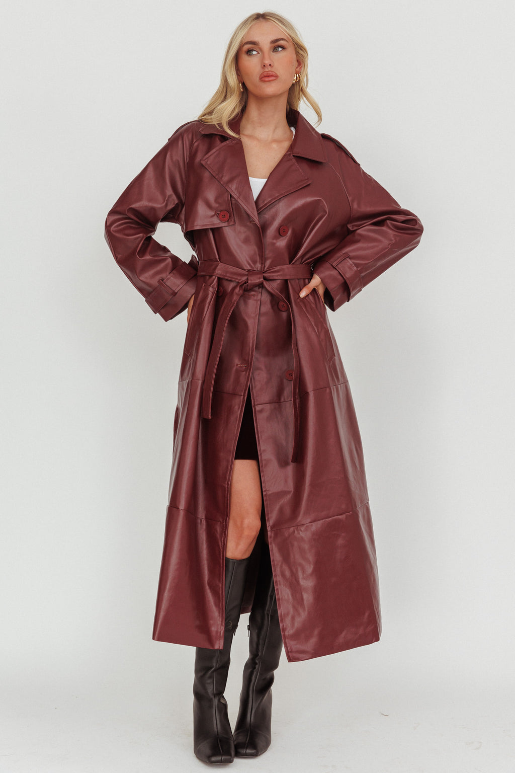 Lyora Longline Faux Leather Trench Coat Burgundy by Selfie Leslie Australia