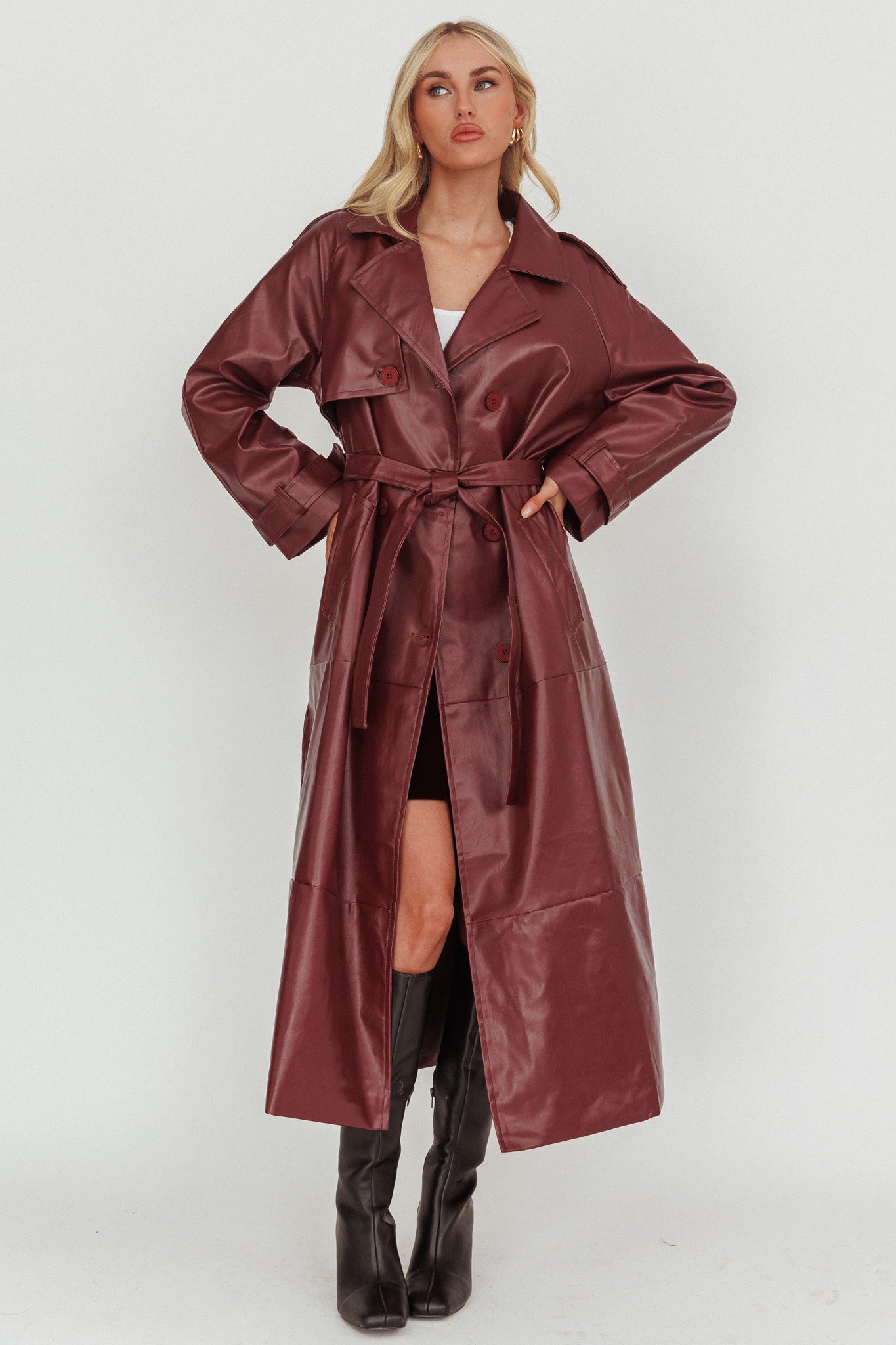 Lyora Longline Faux Leather Trench Coat Burgundy by Selfie Leslie Australia