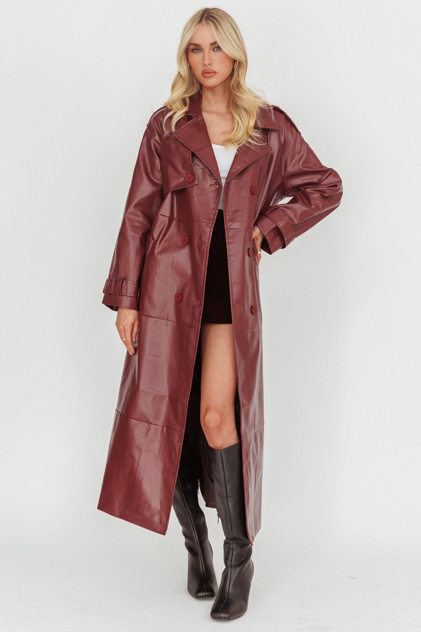 Lyora Longline Faux Leather Trench Coat Burgundy by Selfie Leslie Australia