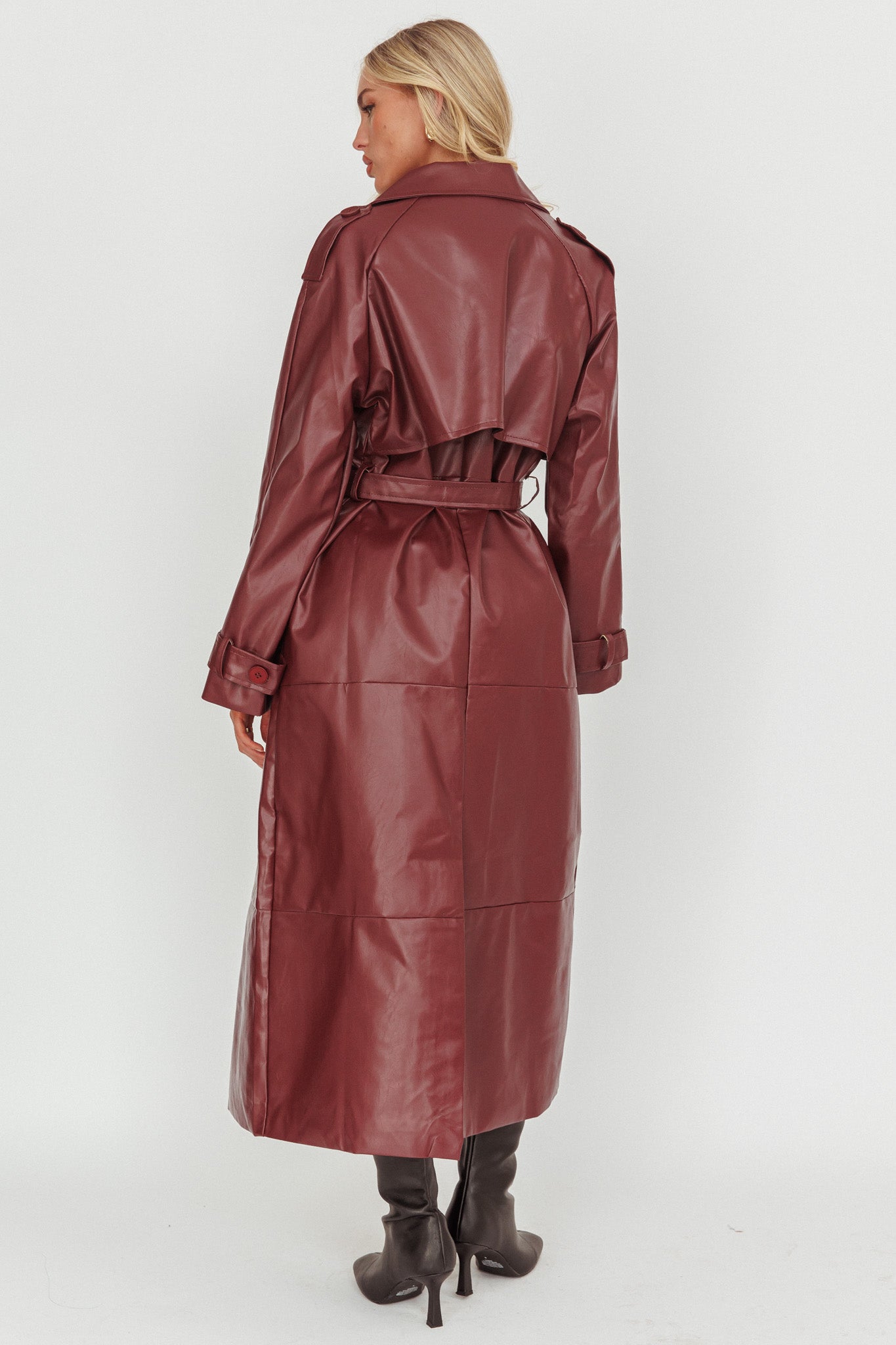 Lyora Longline Faux Leather Trench Coat Burgundy by Selfie Leslie Australia