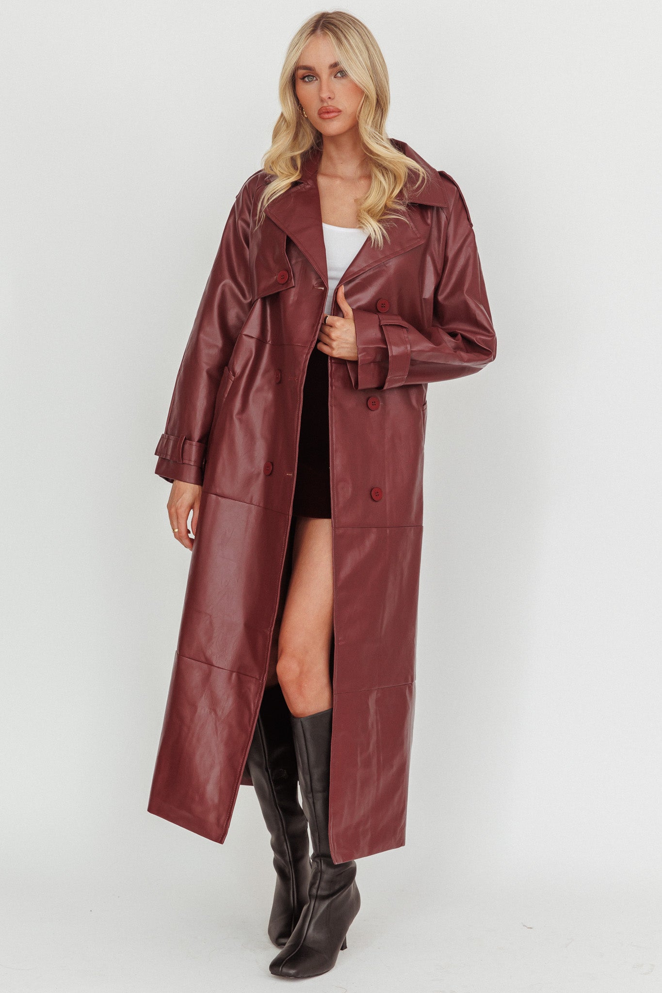 Lyora Longline Faux Leather Trench Coat Burgundy by Selfie Leslie Australia
