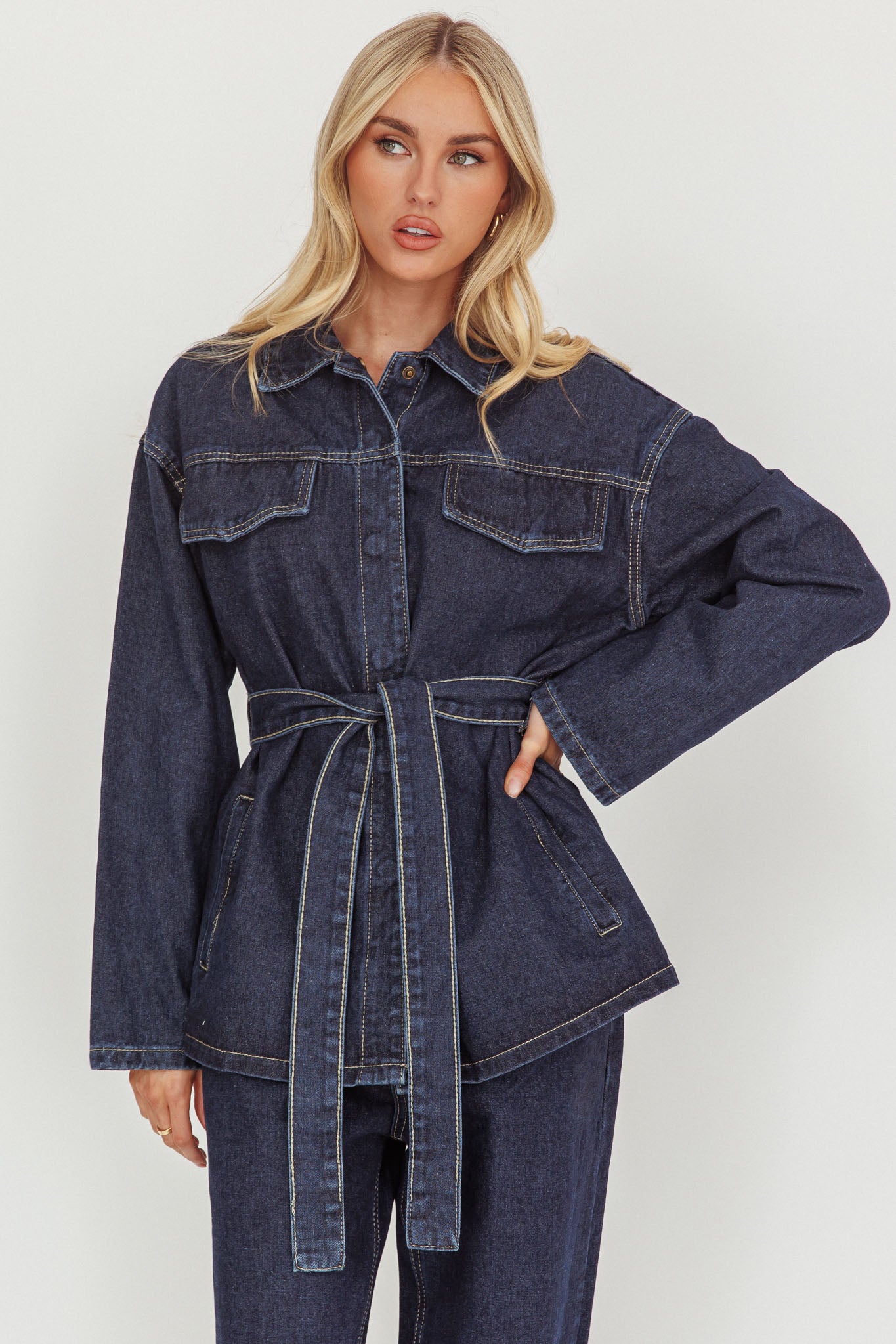 Belisse Waist Tie Button Jacket Denim Blue by Selfie Leslie Australia