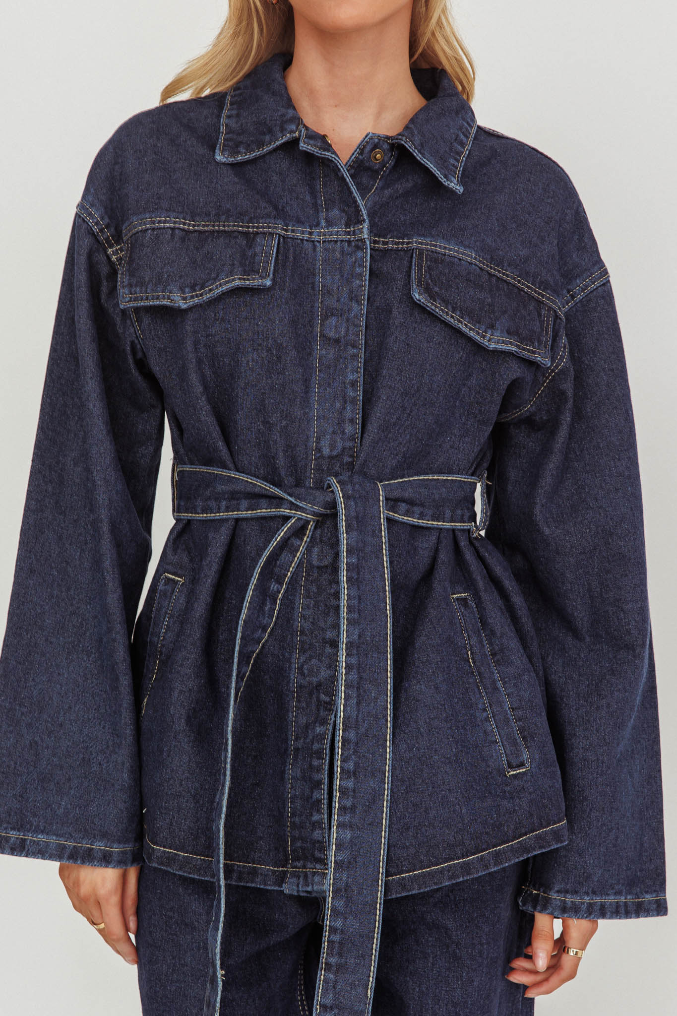 Belisse Waist Tie Button Jacket Denim Blue by Selfie Leslie Australia
