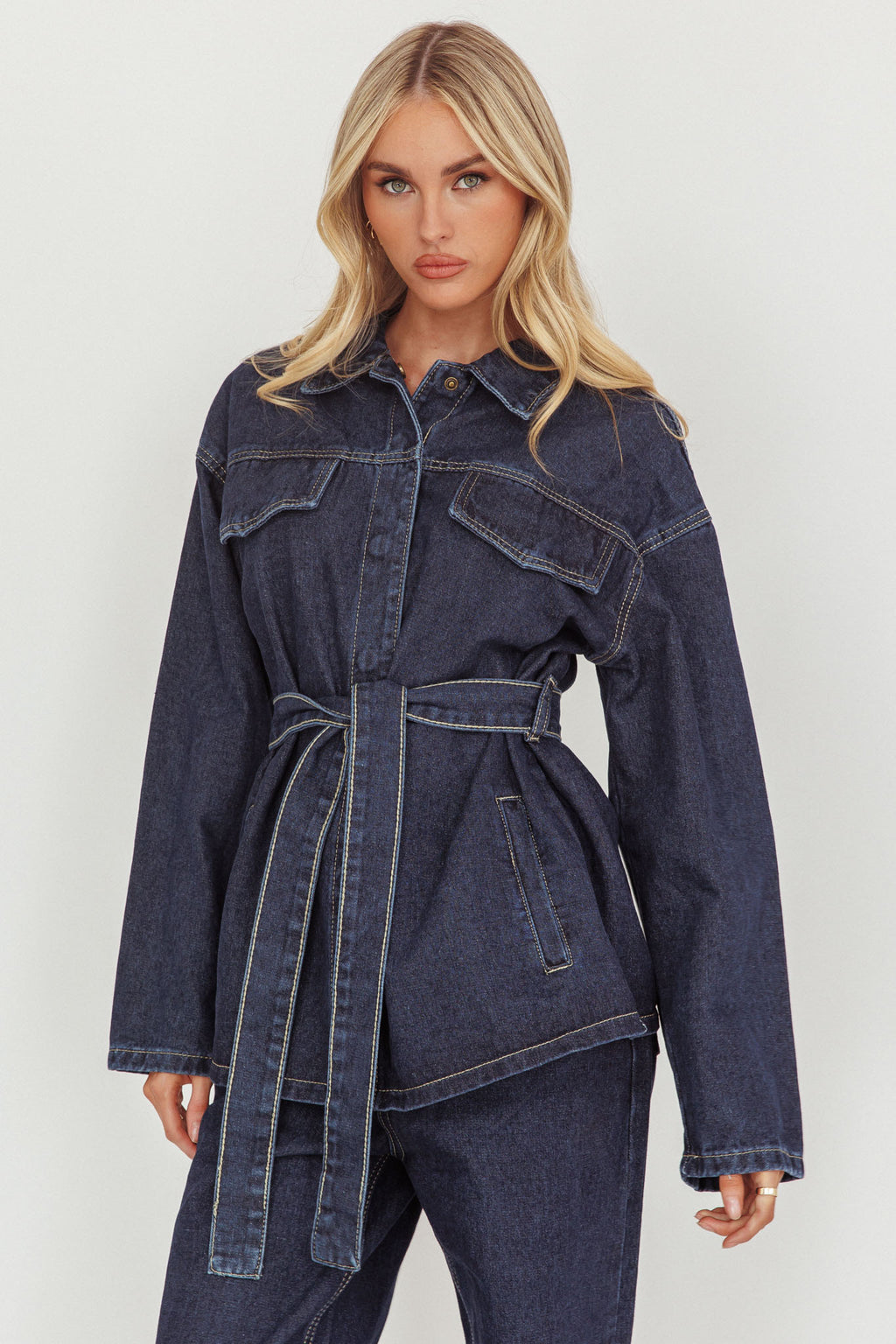 Belisse Waist Tie Button Jacket Denim Blue by Selfie Leslie Australia