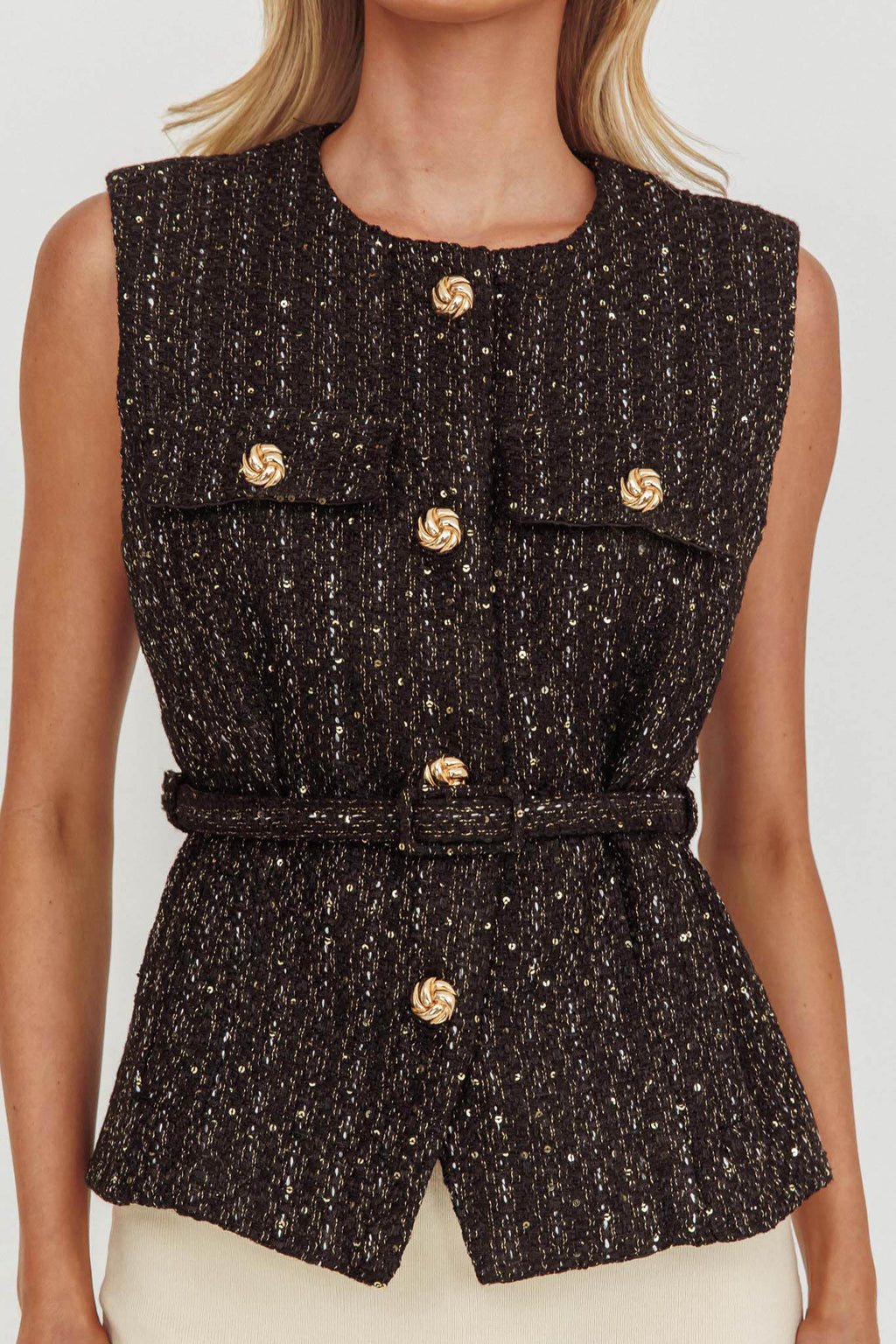 Zephyra Tweed Waist Belt Top Sequin Black by Selfie Leslie Australia