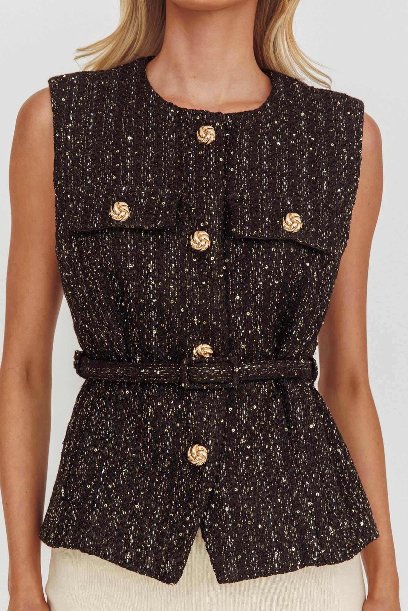 Zephyra Tweed Waist Belt Top Sequin Black by Selfie Leslie Australia