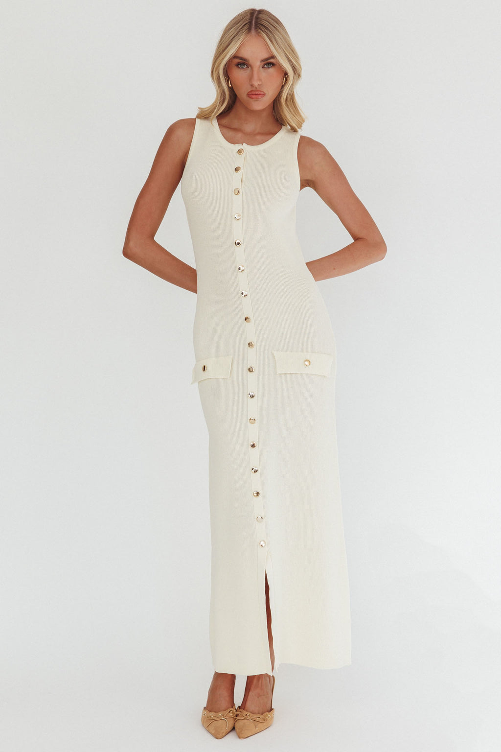 Kelani Gold Button Knit Maxi Dress Cream by Selfie Leslie Australia