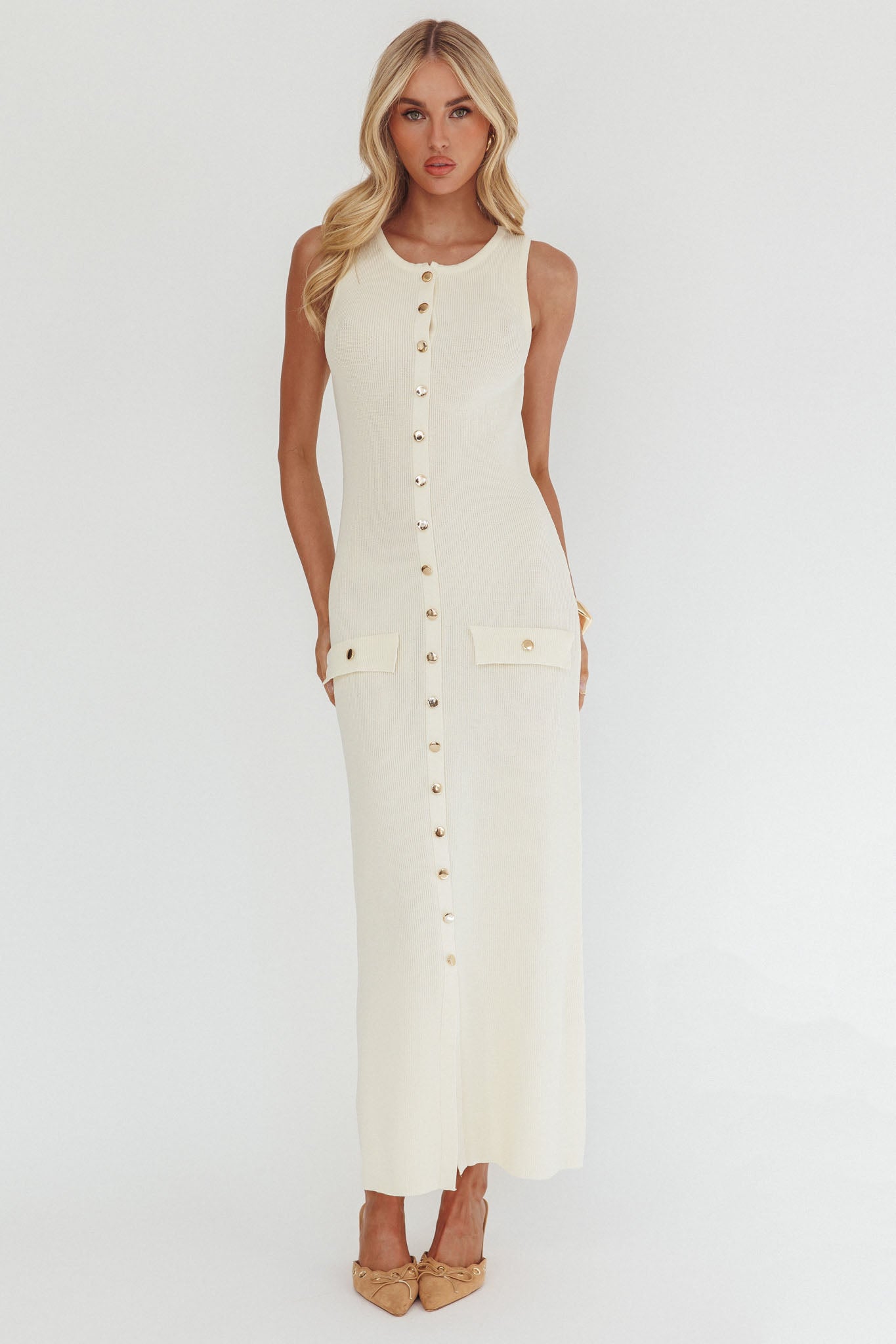 Kelani Gold Button Knit Maxi Dress Cream by Selfie Leslie Australia
