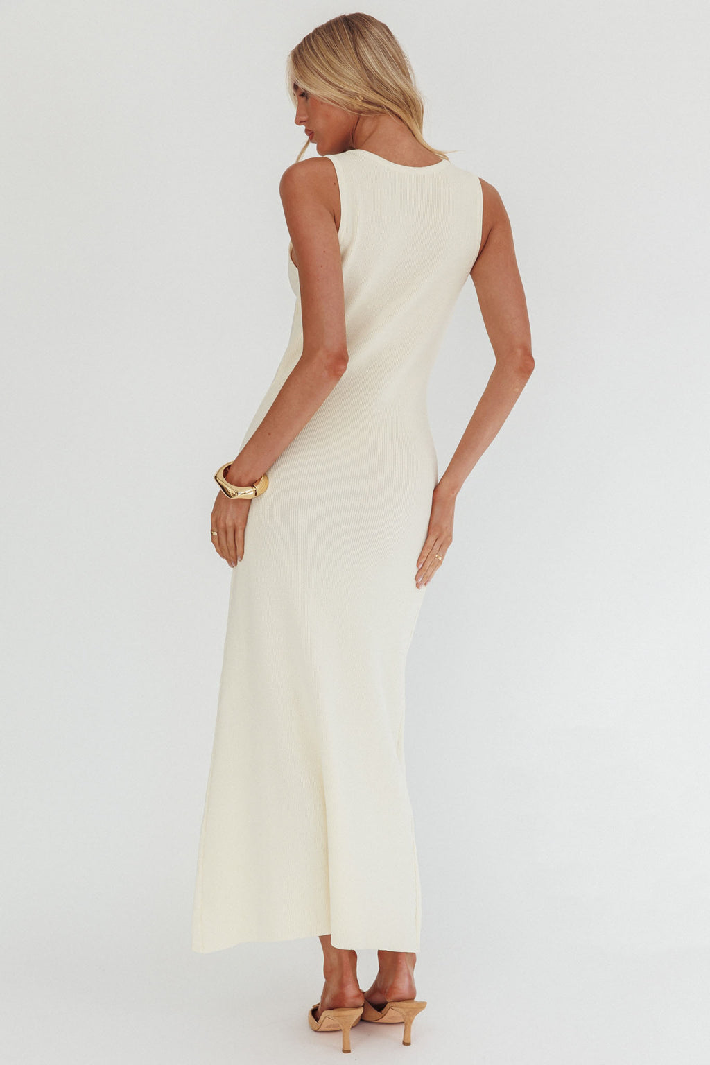Kelani Gold Button Knit Maxi Dress Cream by Selfie Leslie Australia
