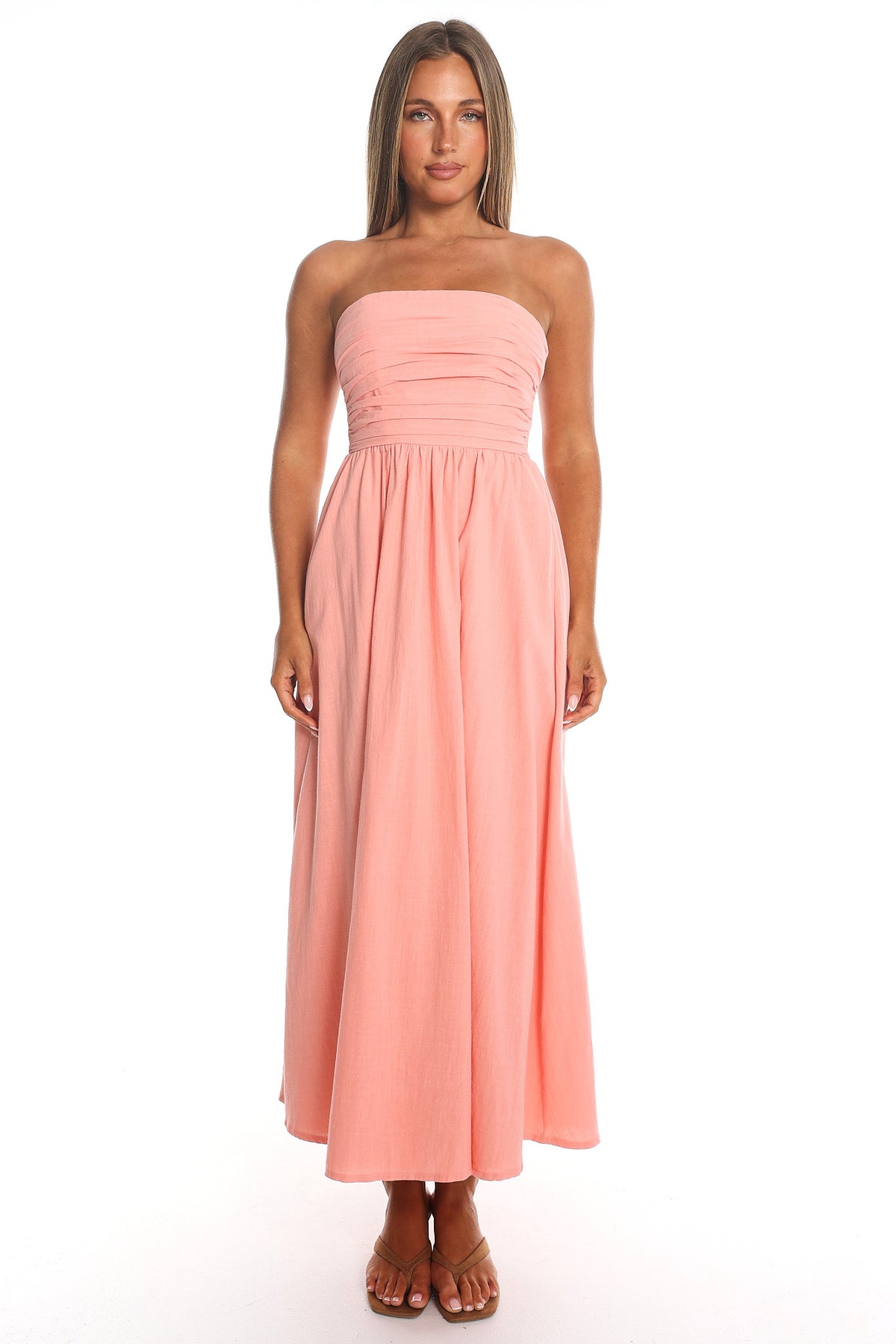 Sunset Bound Strapless Maxi Dress Coral