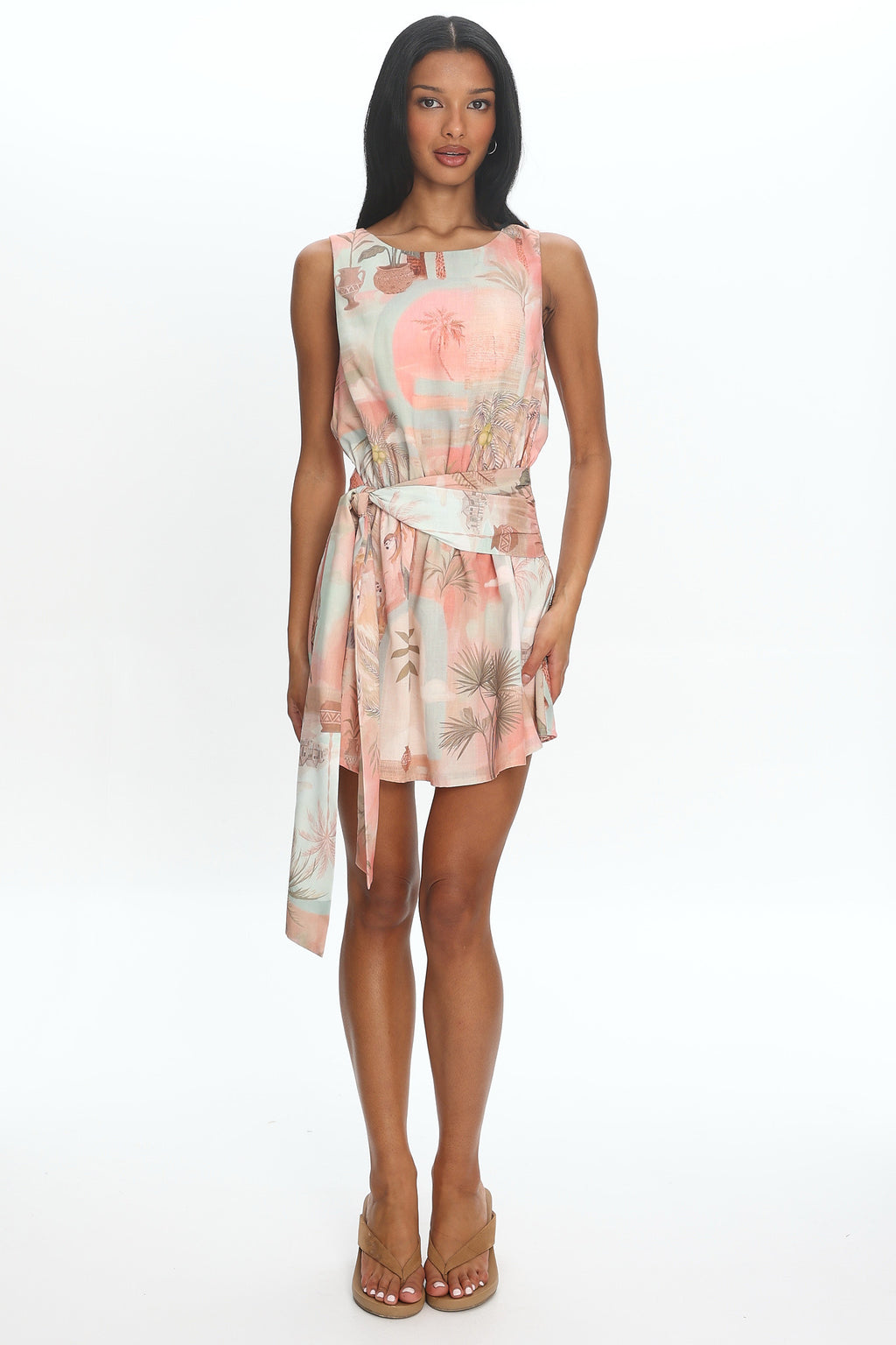 Summerlind Waist Sash Mini Dress Print Coral