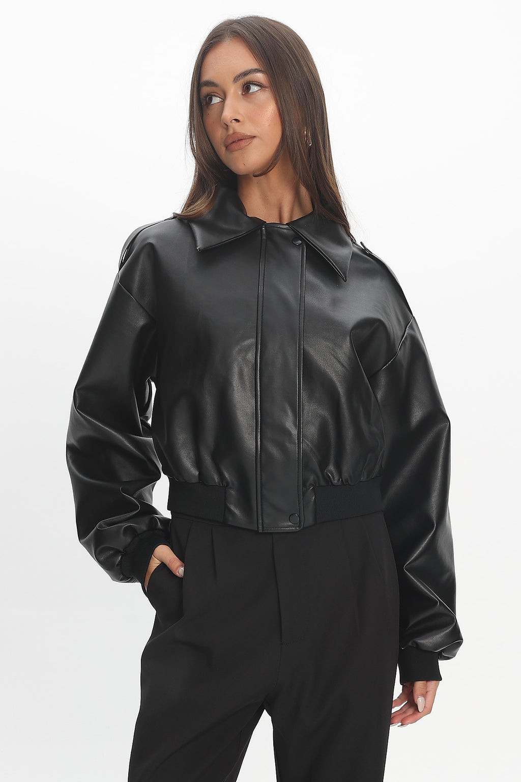 Charley Faux Leather Bomber Jacket Black by Selfie Leslie Australia