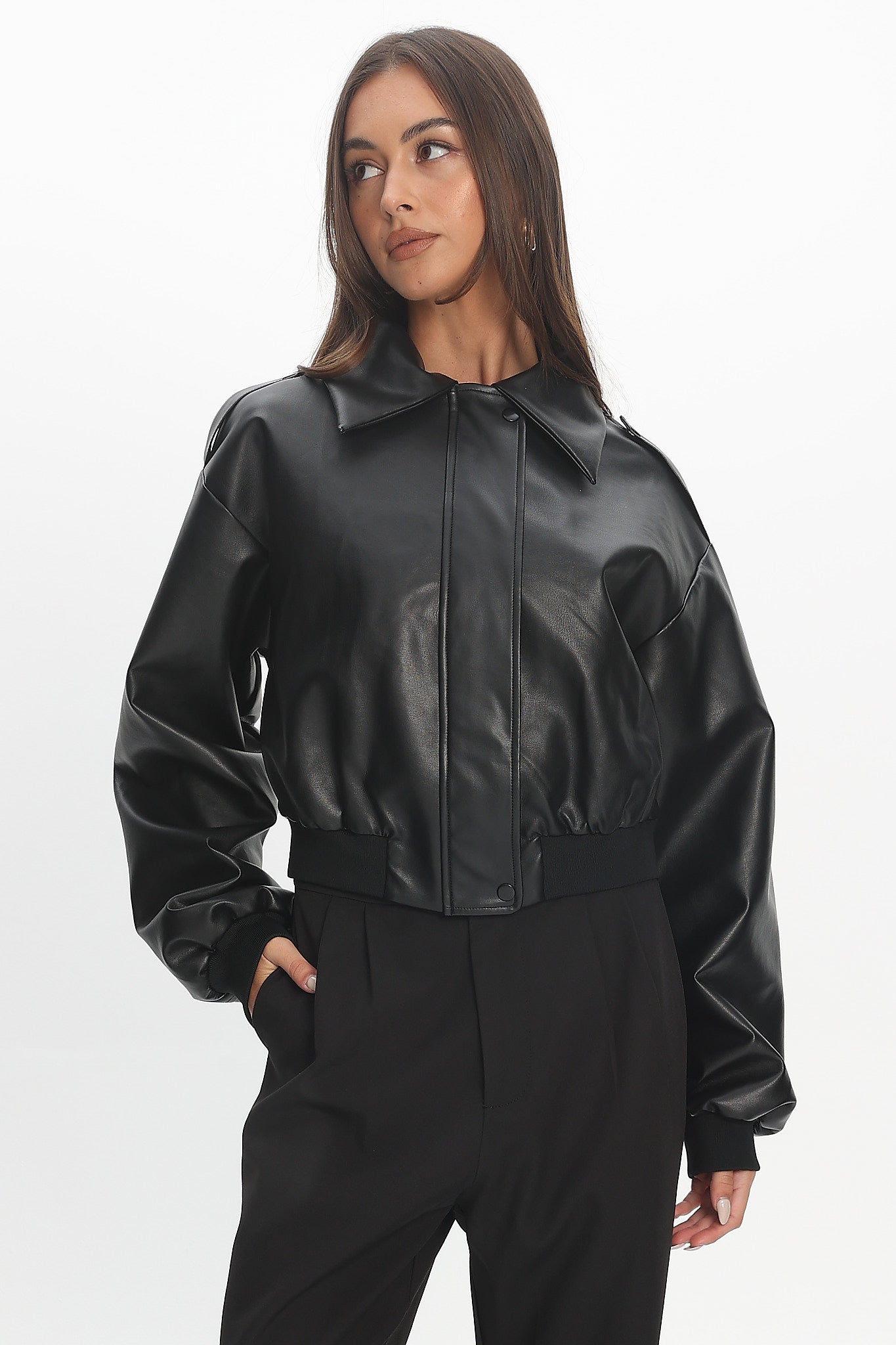 Charley Faux Leather Bomber Jacket Black by Selfie Leslie Australia