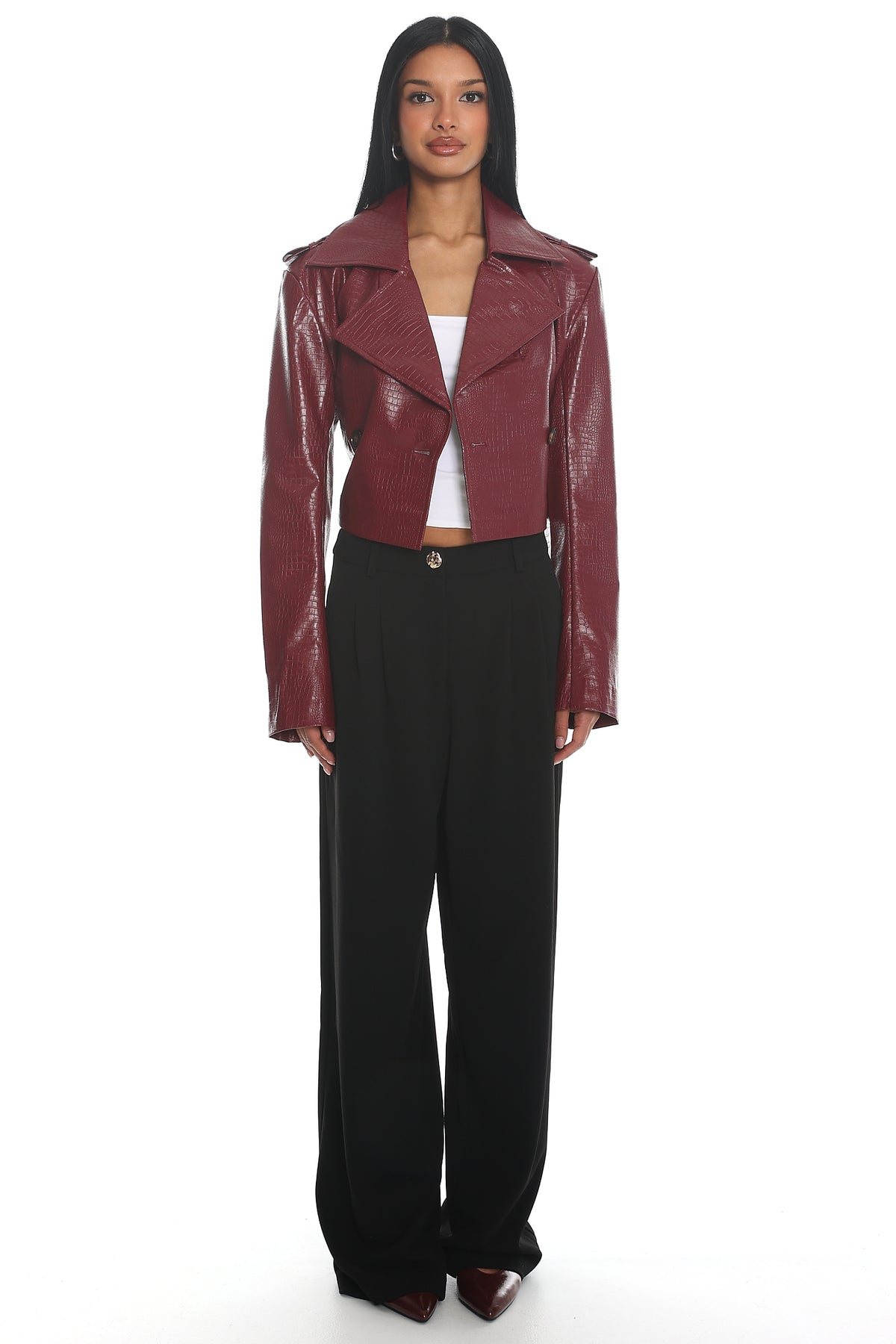Nial Faux Leather Crop Jacket Burgundy by Selfie Leslie Australia