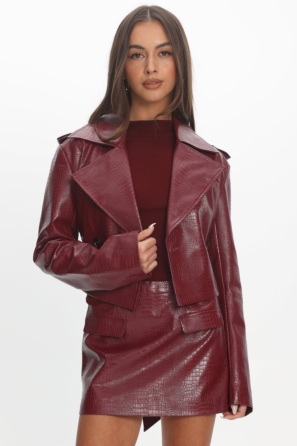 Nial Faux Leather Crop Jacket Burgundy by Selfie Leslie Australia