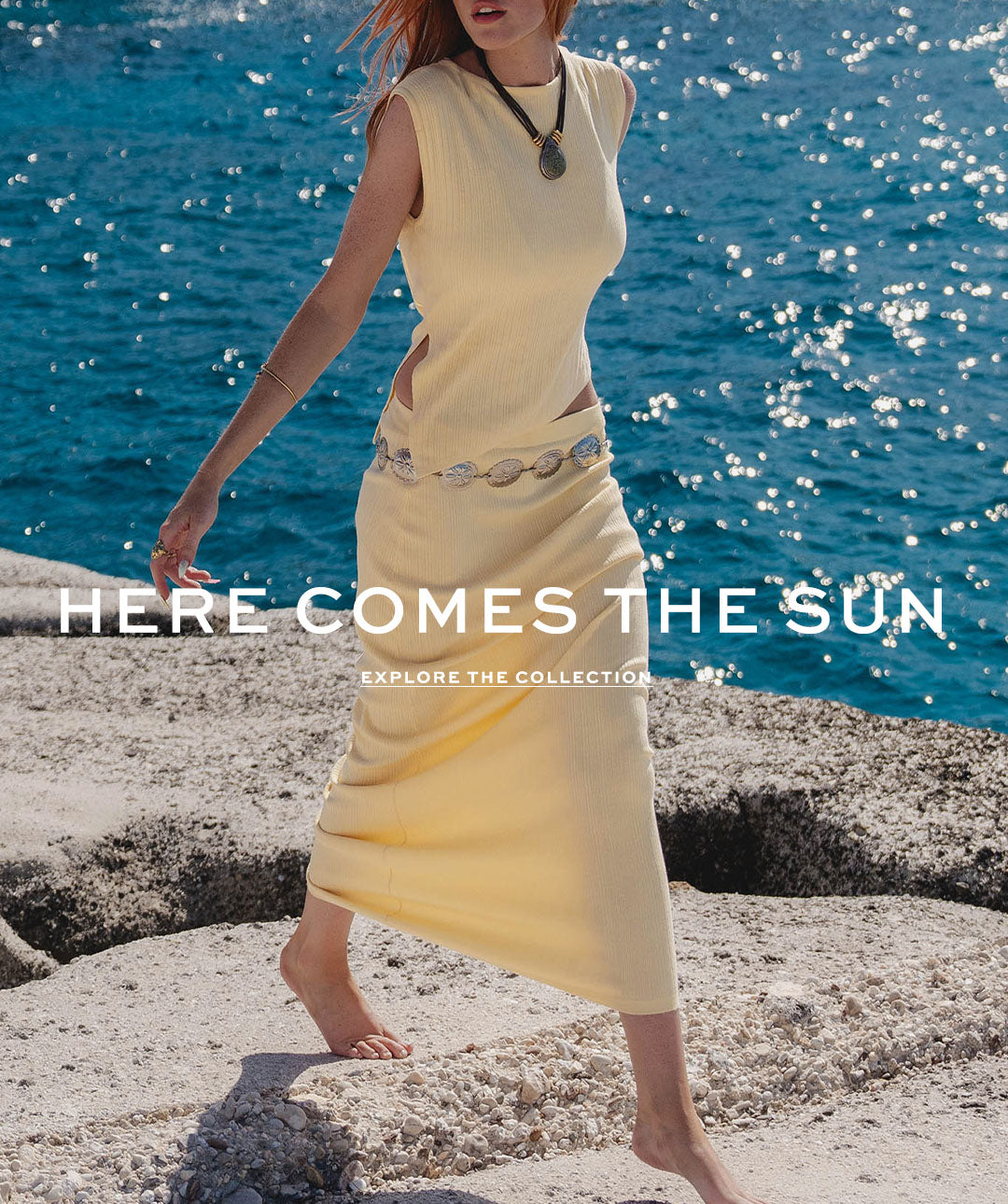 Here comes the sun banner, model wearing yellow set