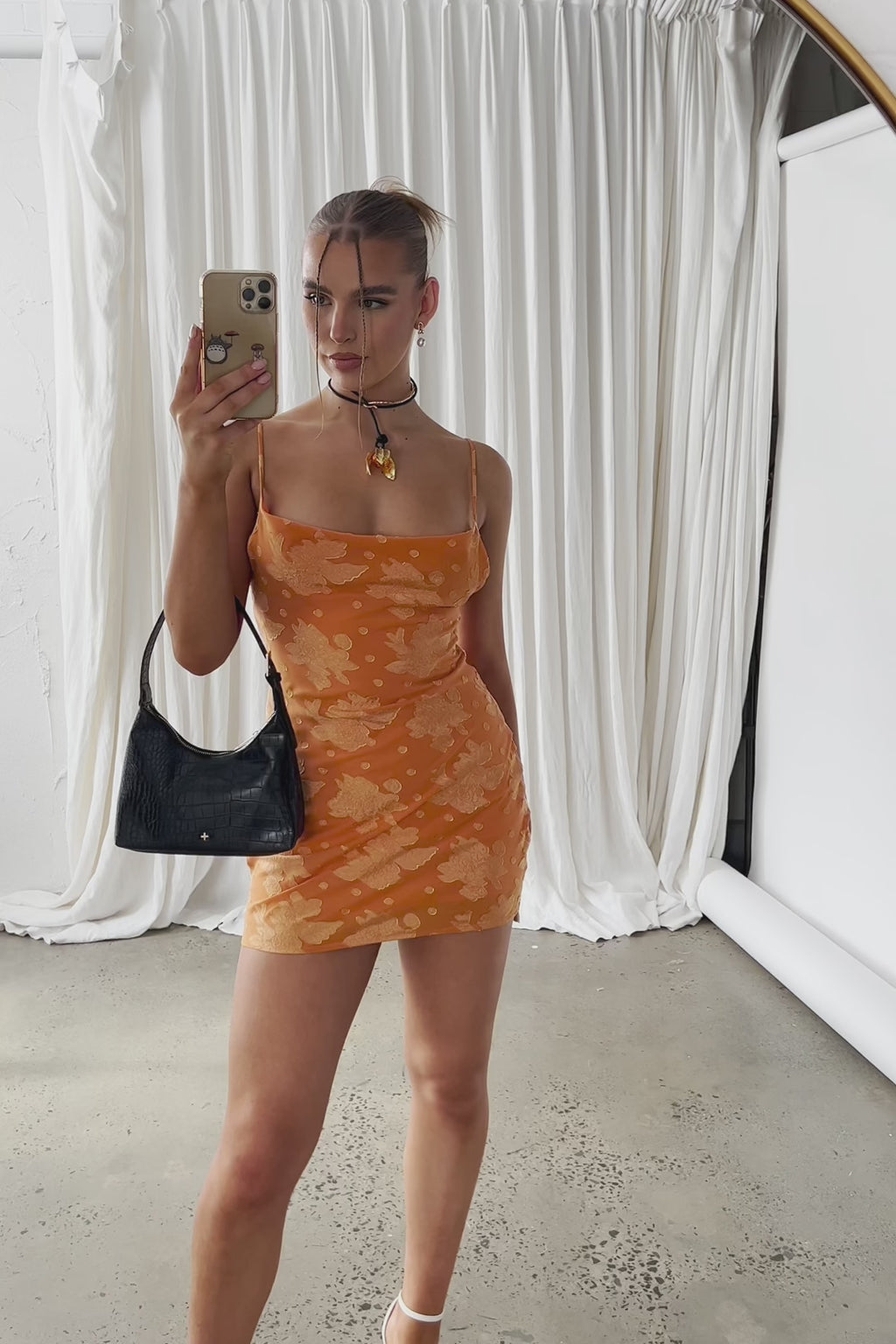 Show Me Love Cowl Neck Mini Dress Textured Floral Orange