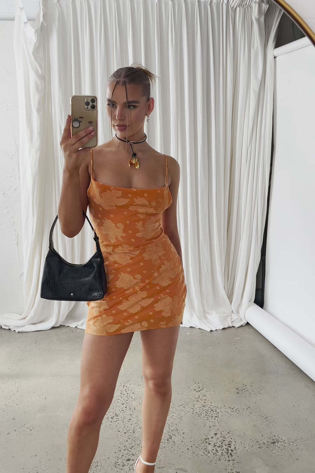 Show Me Love Cowl Neck Mini Dress Textured Floral Orange