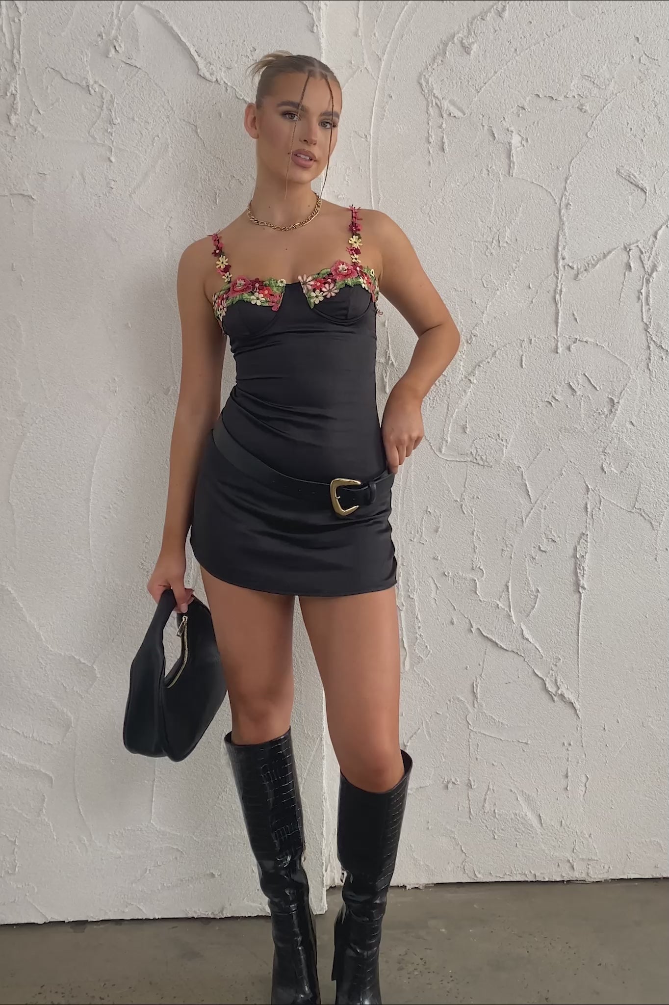 Izolda Floral Applique Mini Dress Black