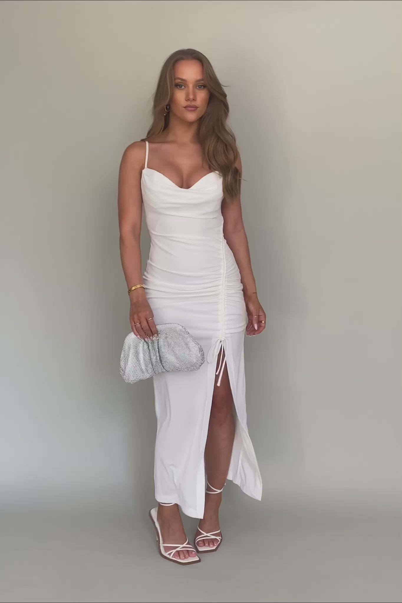 Samba Night Drawstring Ruched Midi Dress White