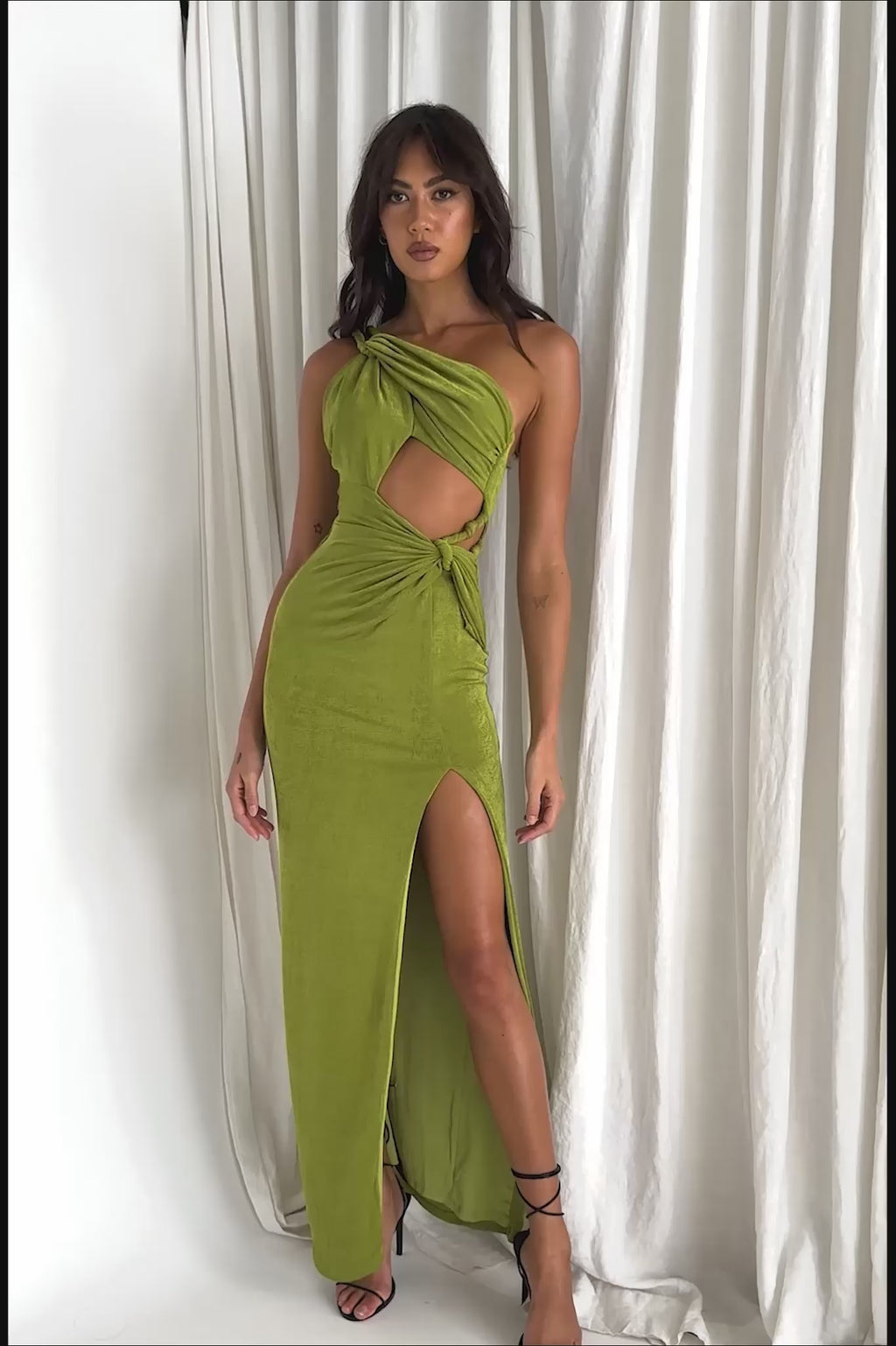 Kiah Twist Accent Thigh Split Midi Dress Moss