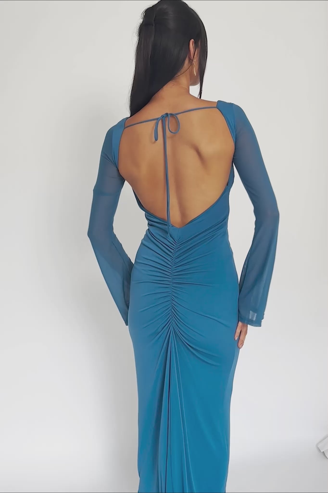 Crystal Ball Open Back Ruched Maxi Dress Blue