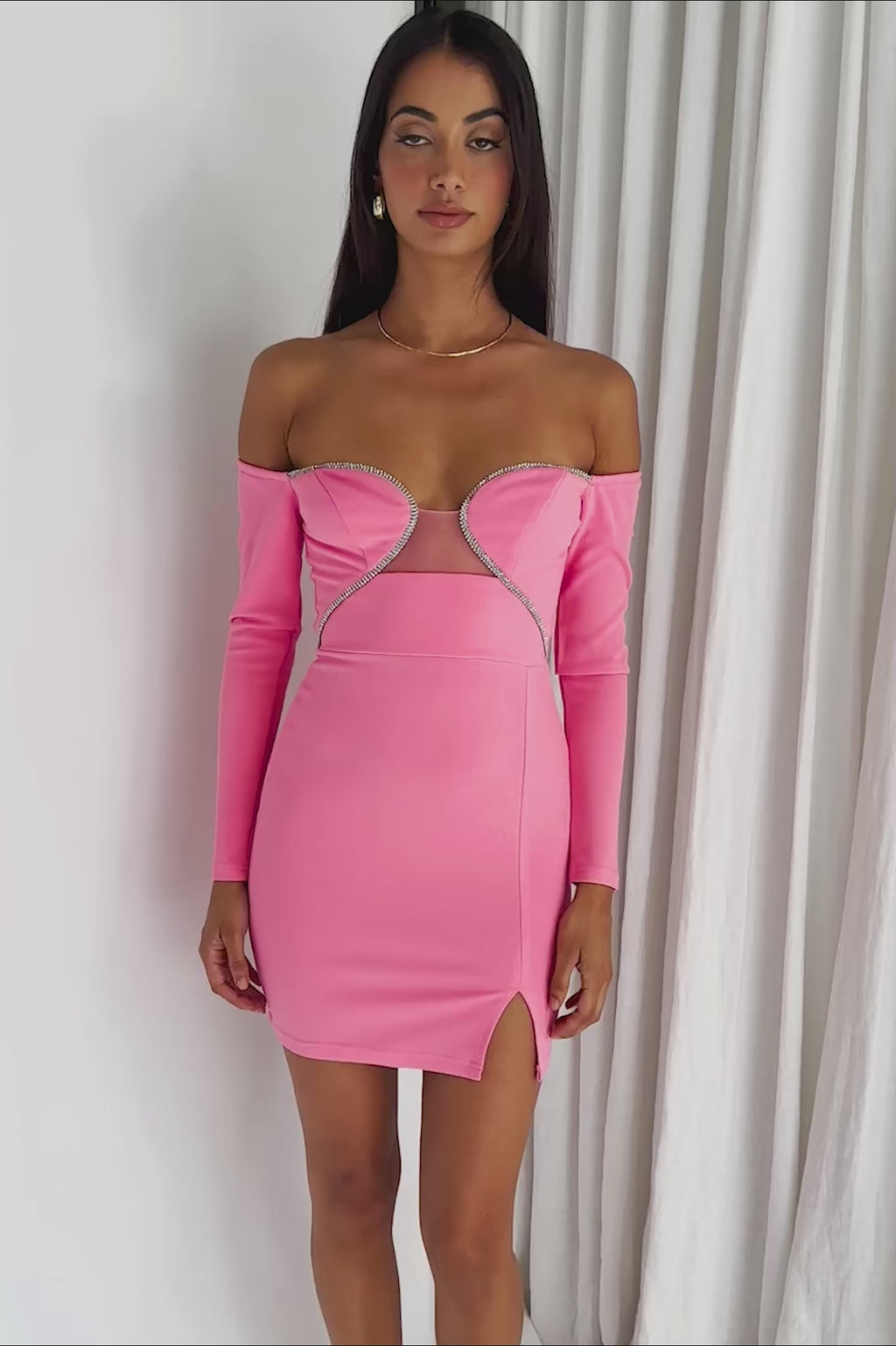A-List Diamante Trim Long Sleeve Mini Dress Hot Pink