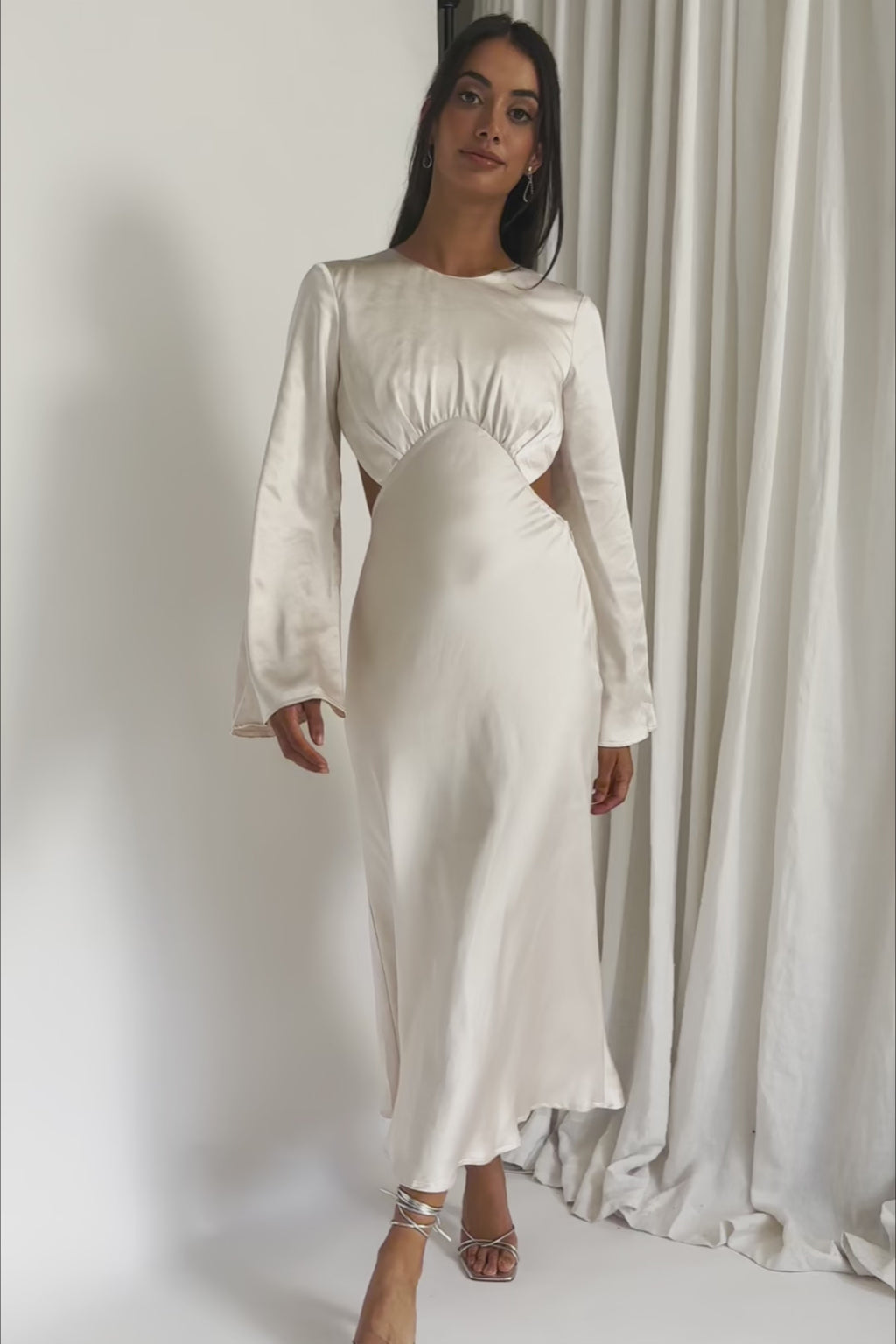 Doting Bell Sleeve Cut-Out Midi Dress Champagne