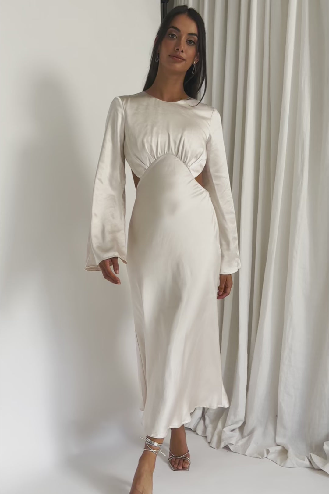 Doting Bell Sleeve Cut-Out Midi Dress Champagne