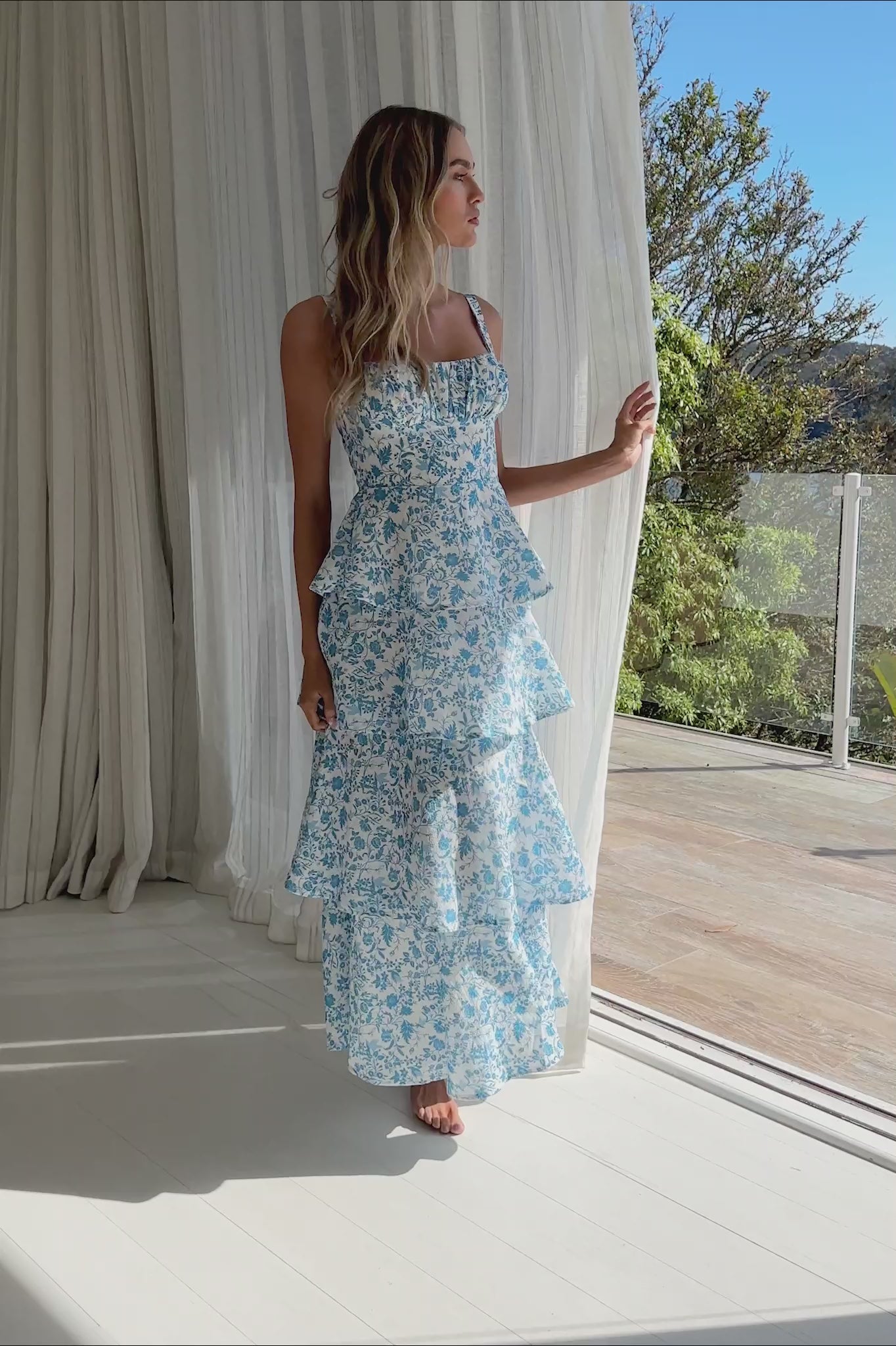 Provence Bloom Tiered Midi Dress Floral Blue