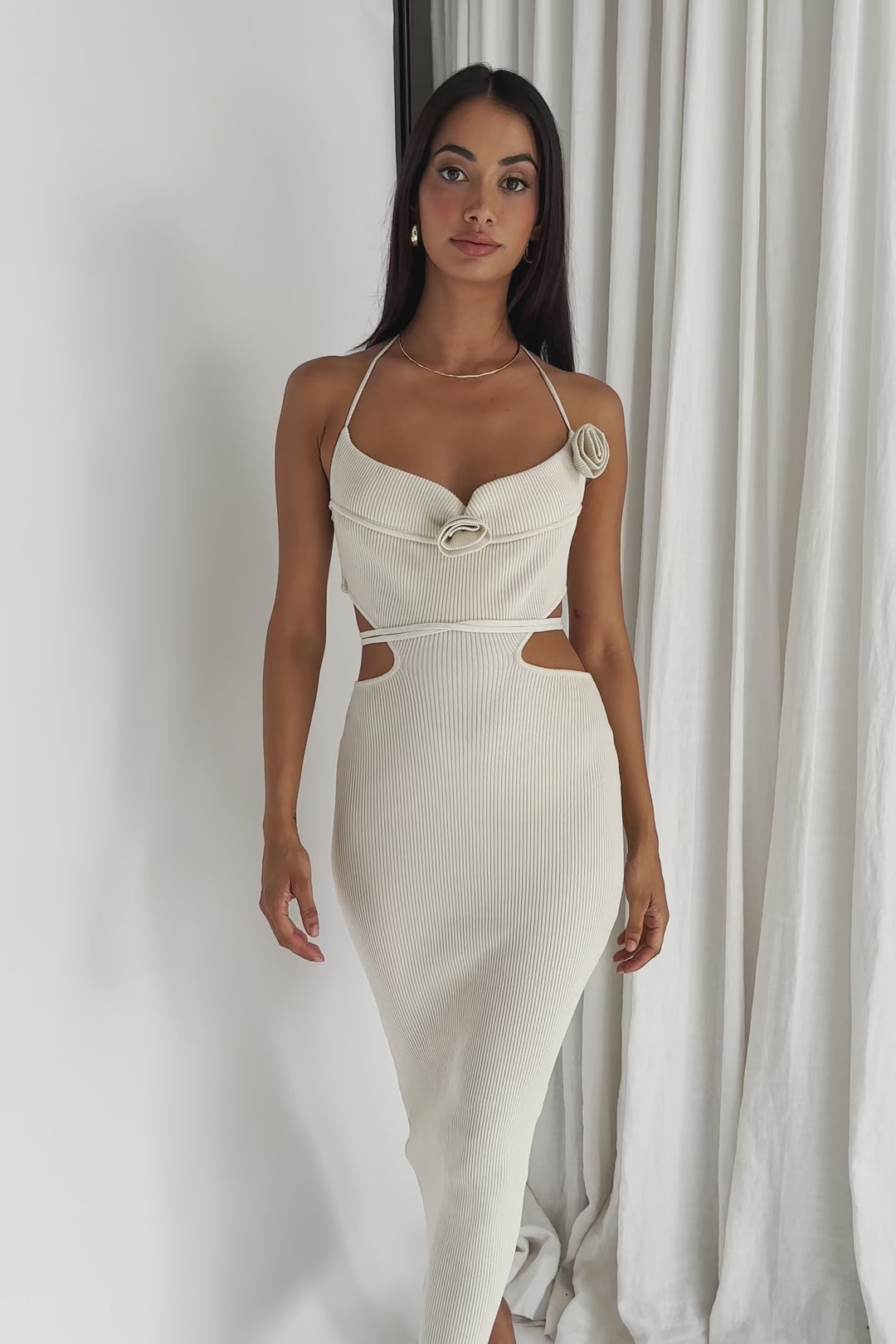 Rue Rose Accent Ribbed Knit Midi Dress Beige